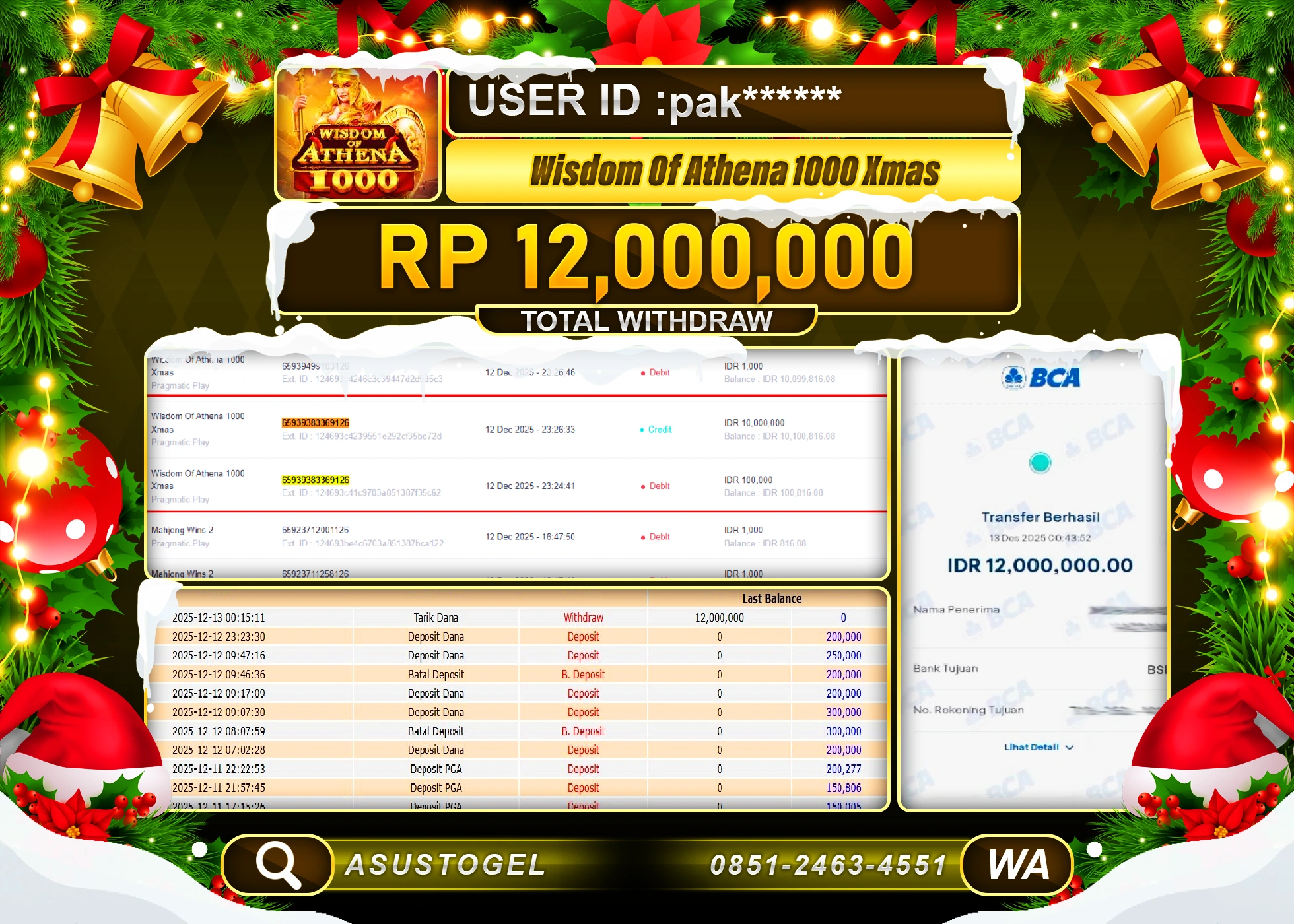 ASUSTOGEL KEMENANGAN DI SLOT WISDOM OF ATHENA 1000 XMAS SEBESAR 12,000,000 - RUPIAH LUNAS