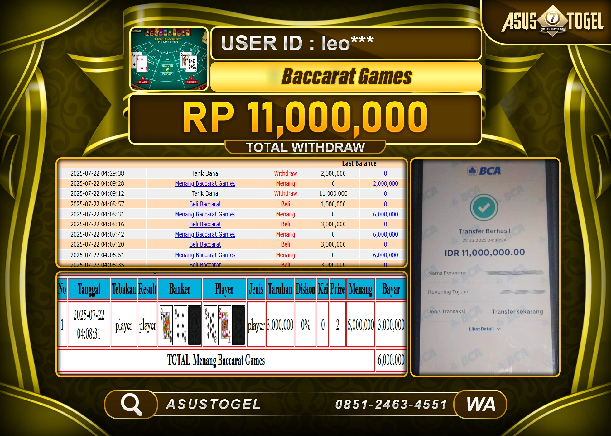 ASUSTOGEL KEMENANGAN DI LIVEGAME BACCARAT GAMES SEBESAR 11,000,000- RUPIAH LUNAS