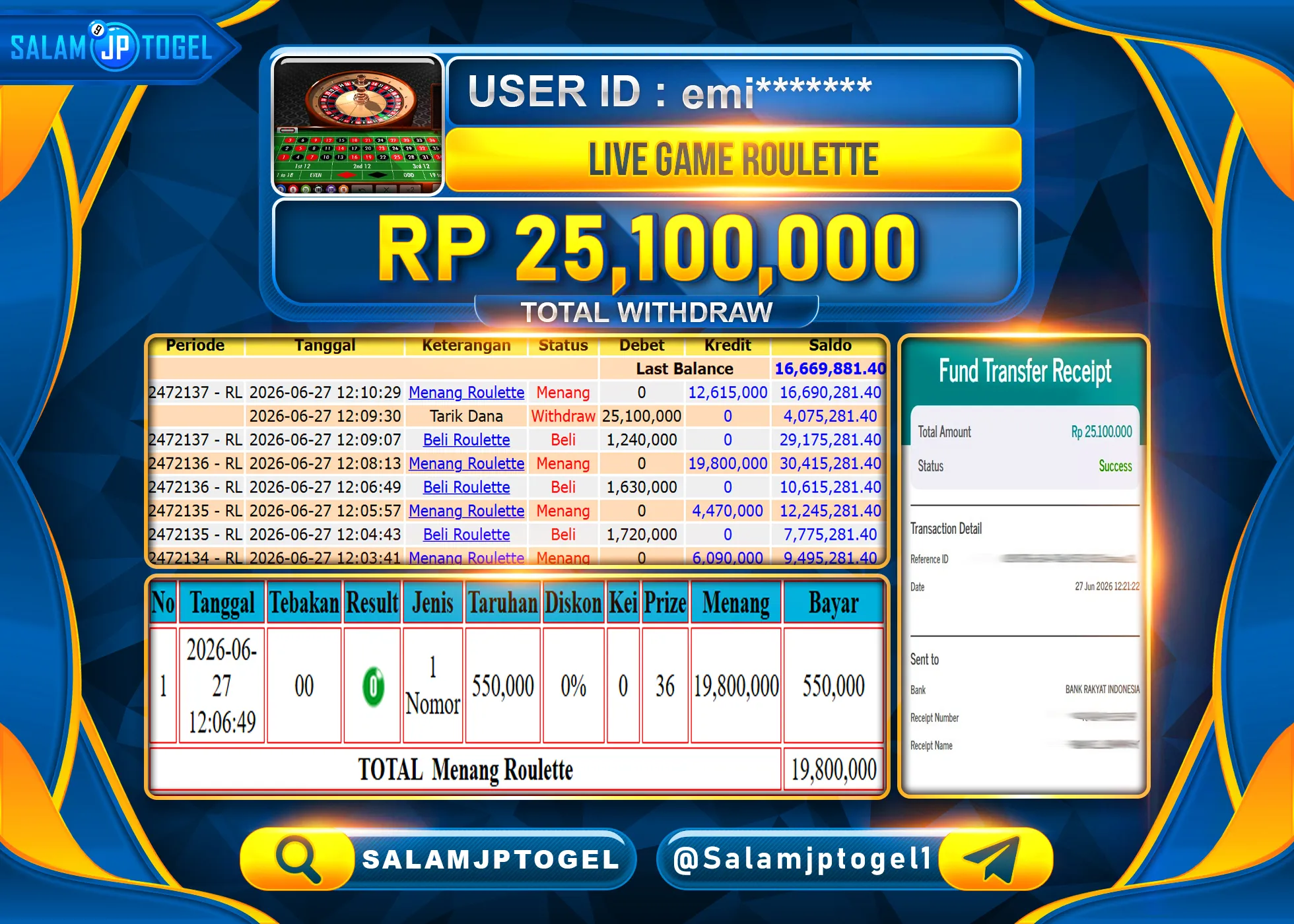 SALAMJPTOGEL MENANG GACOR LIVE GAMES CASINO ROULETTE Rp.25,100,000 - LUNAS