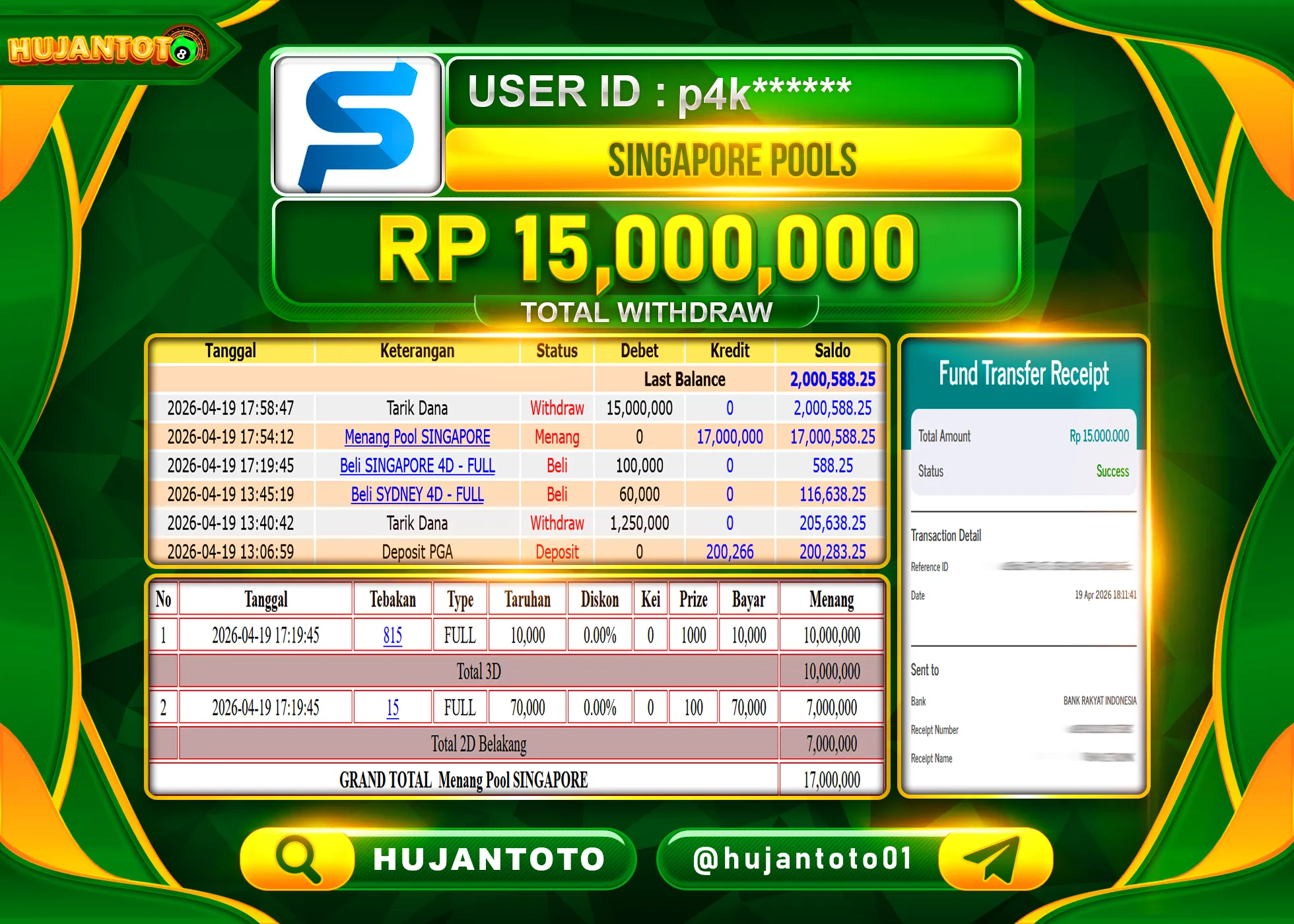 HUJANTOTO - BUKTI JACKPOT MENANG TOGEL SINGAPORE POOLS Rp.15,000,000 - TERBAYAR LUNAS