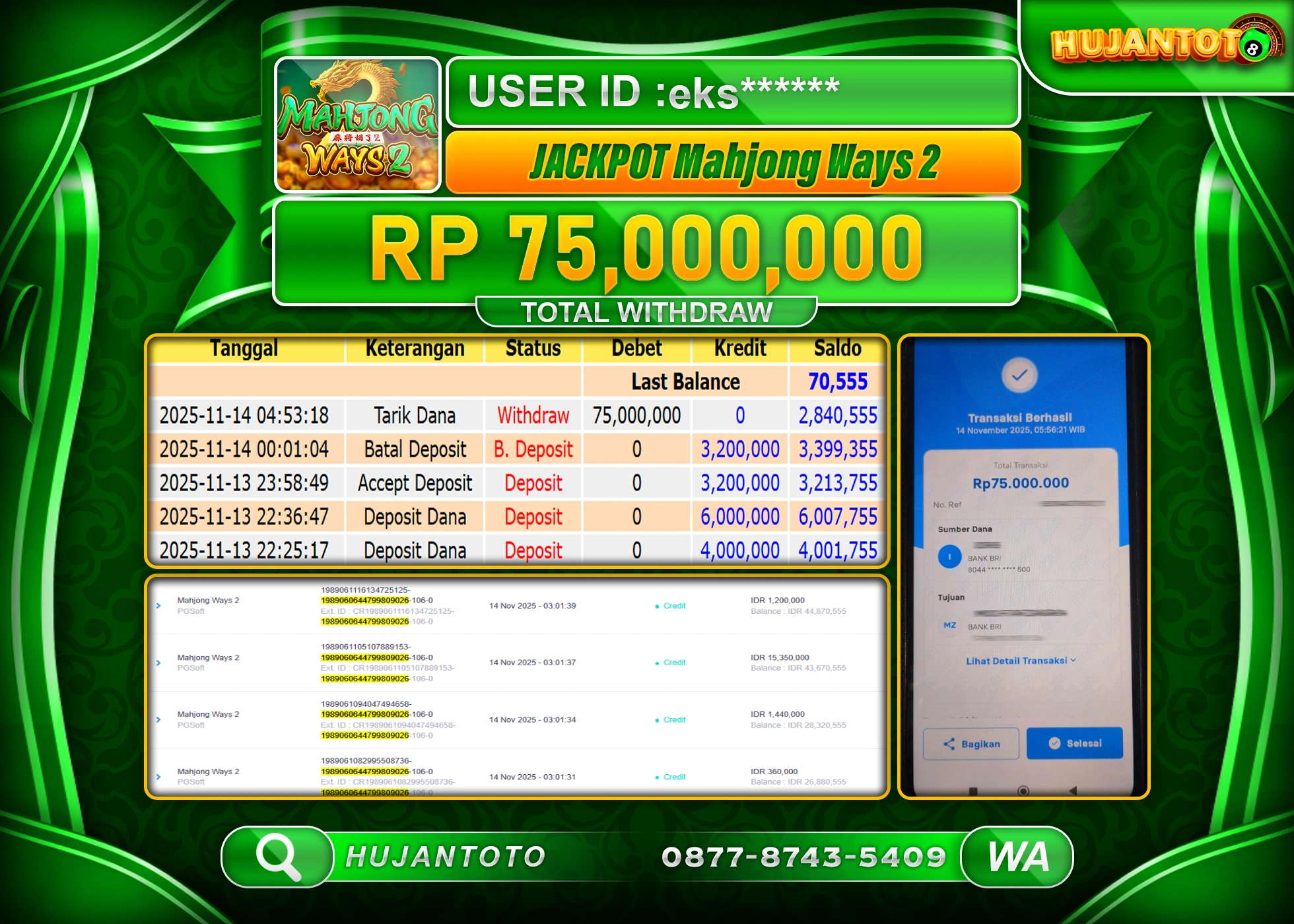 HUJANTOTO - BUKTI JACKPOT MENANG SLOT MAHJONG WAYS 2 Rp.75,000,000 - TERBAYAR LUNAS