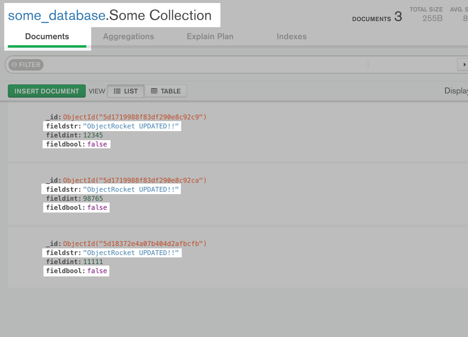 Screenshot of MongoDB compass showing that multiple fields were updated after Golang API call