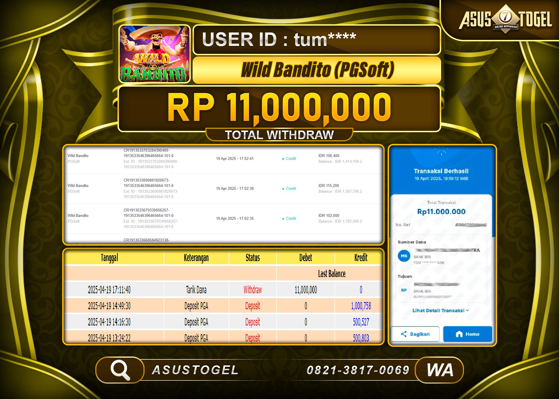 ASUSTOGEL KEMENANGAN DI SLOT WILD BANDITO SEBESAR 11,000,000- RUPIAH LUNAS