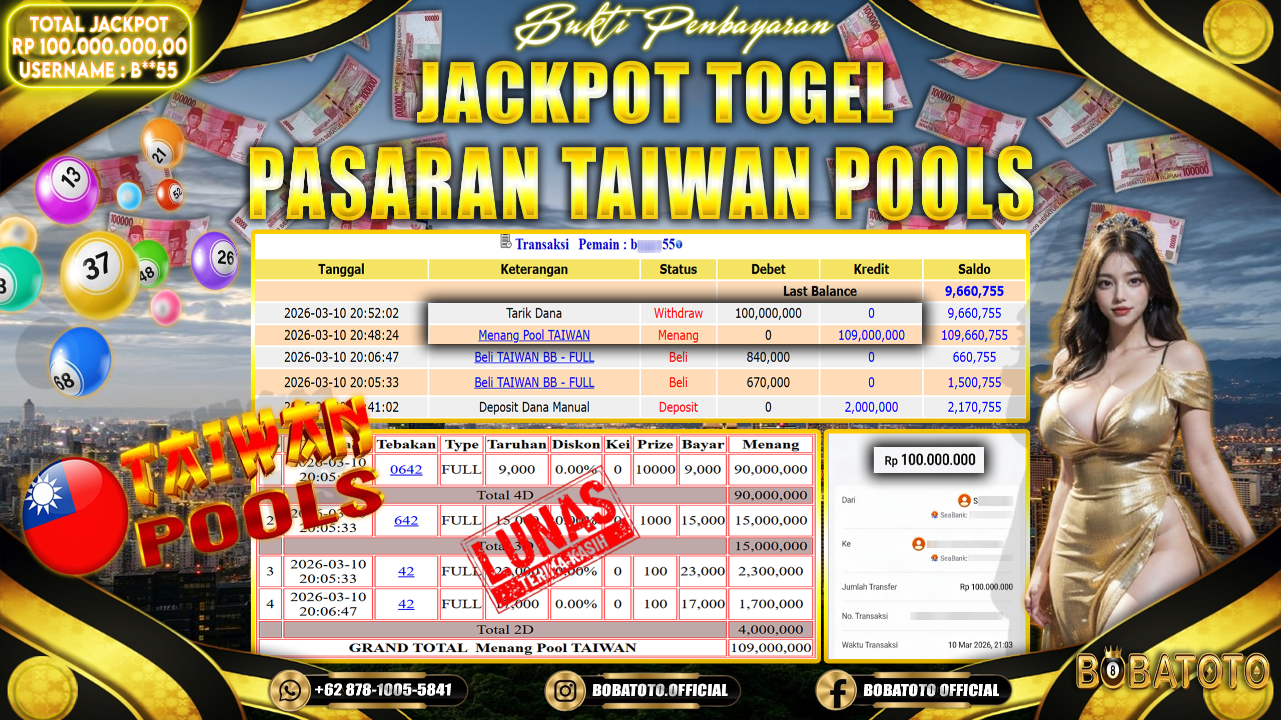 BOBATOTO JACKPOT TOGEL PASARAN TAIWAN POOLS Rp.100,000,000- LUNAS!!