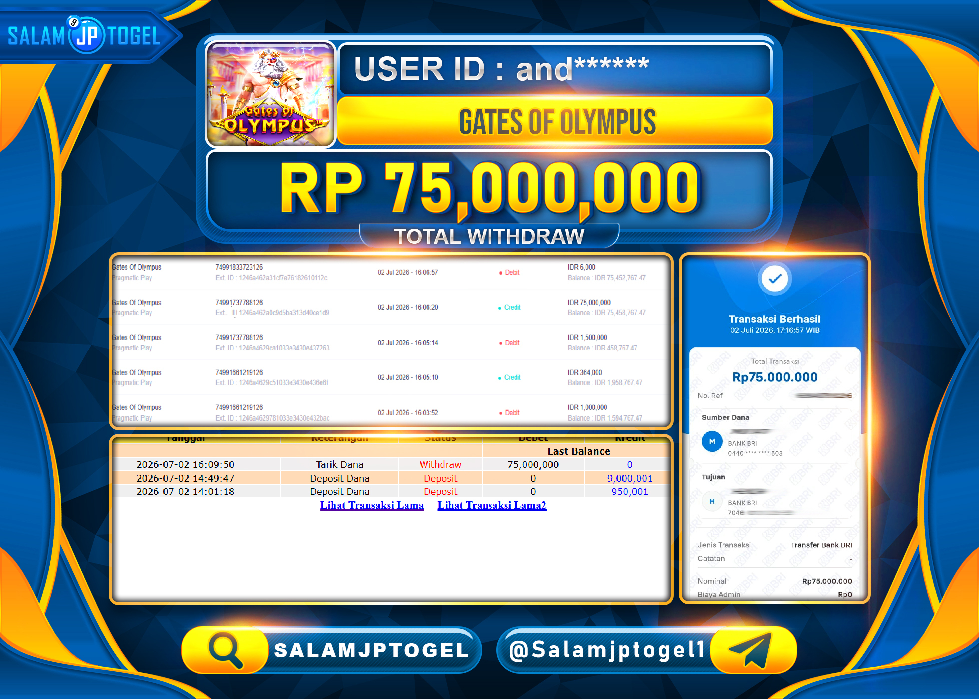 SALAMJPTOGEL JACKPOT MENANG SLOT GATES OF OLYMPUS Rp.75,000,000 - LUNAS