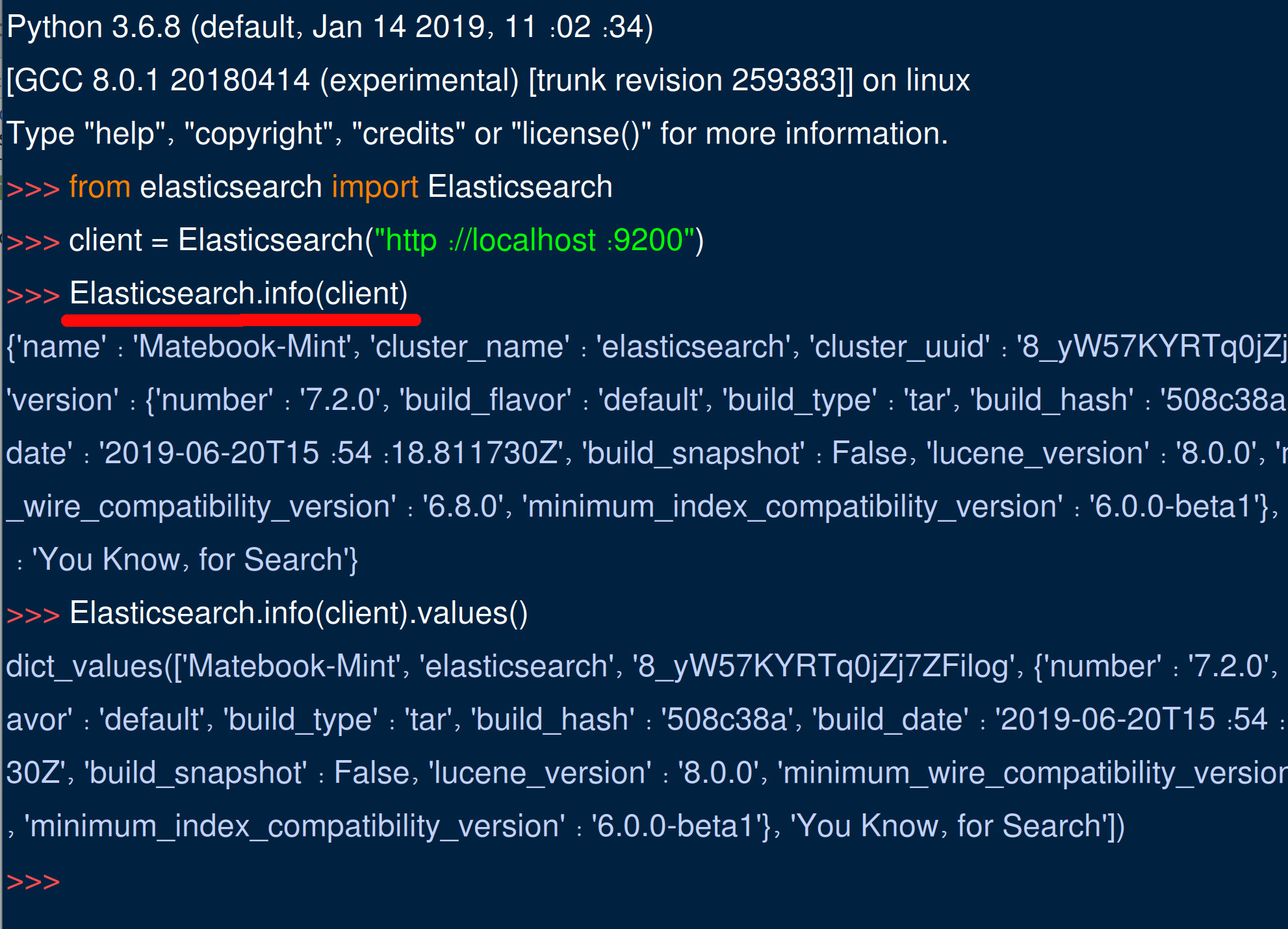 Screenshot an Elasticsearch cluster's information in Python IDLE