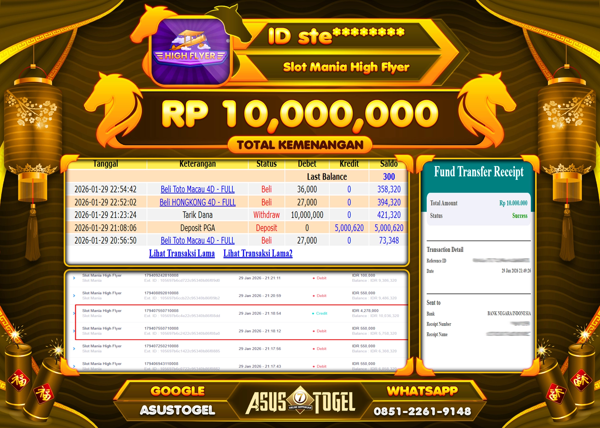 ASUSTOGEL KEMENANGAN DI SLOT MANIA HIGH FLYER SEBESAR 10,000,000 - RUPIAH LUNAS
