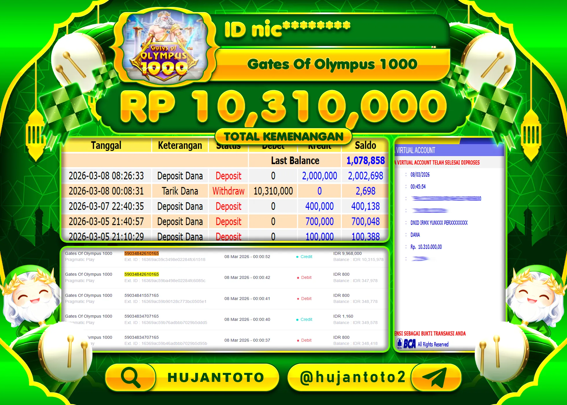 HUJANTOTO - BUKTI JACKPOT MENANG SLOT GATES OF OLYMPUS 1000 Rp.10,310,000 - TERBAYAR LUNAS