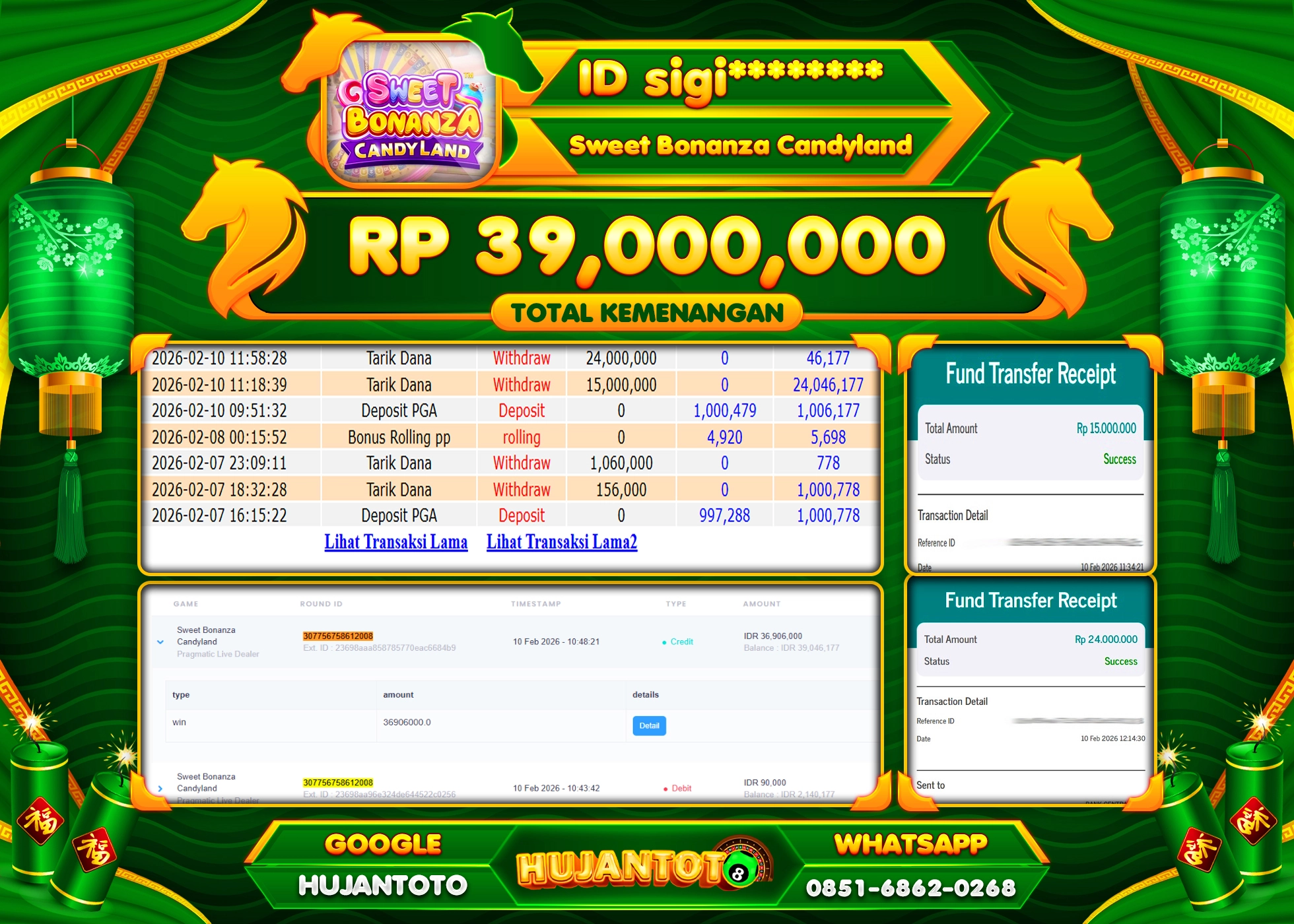 HUJANTOTO - BUKTI JACKPOT MENANG SLOT SWEET BONANZA CANDYLAND Rp.39,000,000 - TERBAYAR LUNAS