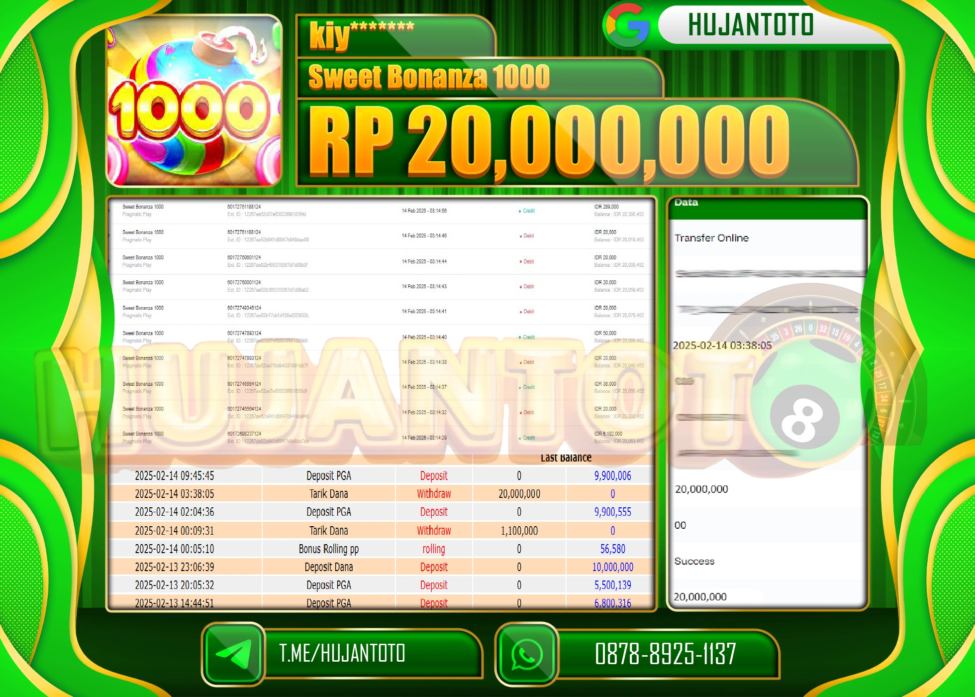 HUJANTOTO - BUKTI JACKPOT MENANG SLOT SWEET BONANZA 1000 Rp,20.000,000 - TERBAYAR LUNAS