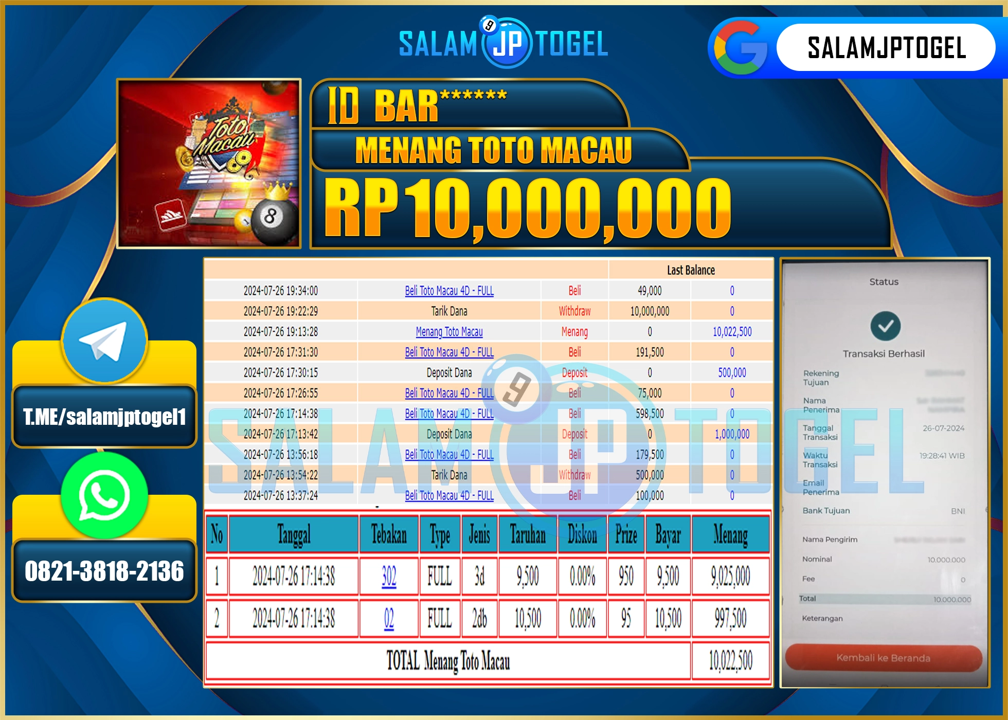 SALAMJPTOGEL MENANG TOTO MACAU 4D  RP. 10,000,000.,LUNAS