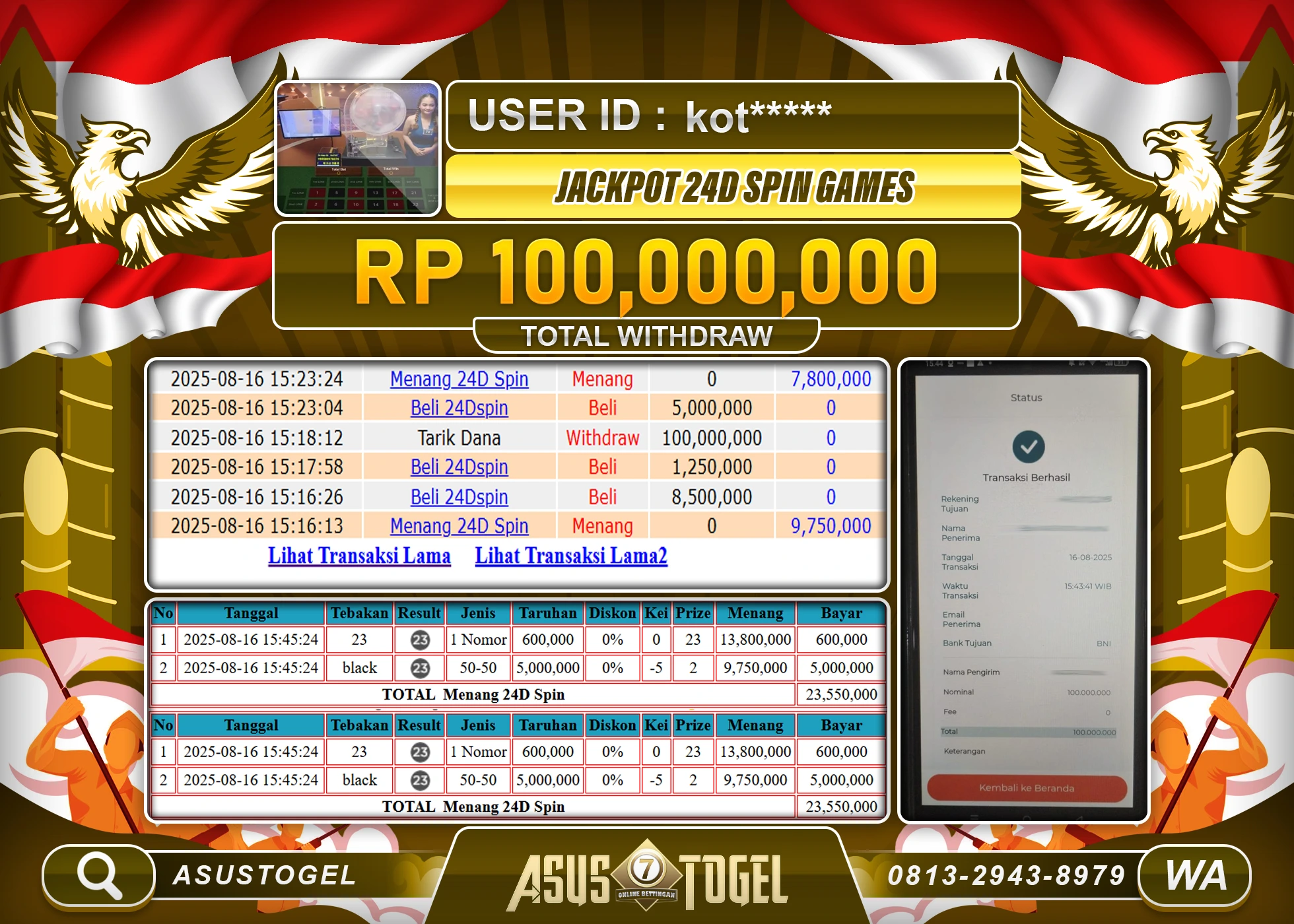 ASUSTOGEL KEMENANGAN DI LIVE GAMES 24D SPIN SEBESAR 100,000,000- RUPIAH LUNAS