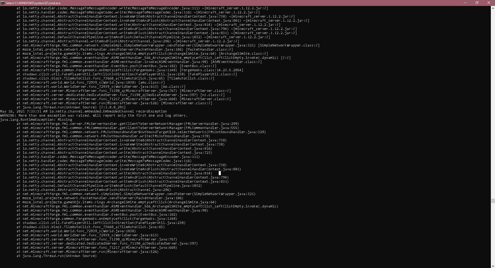 Example of error prompts on server cmd