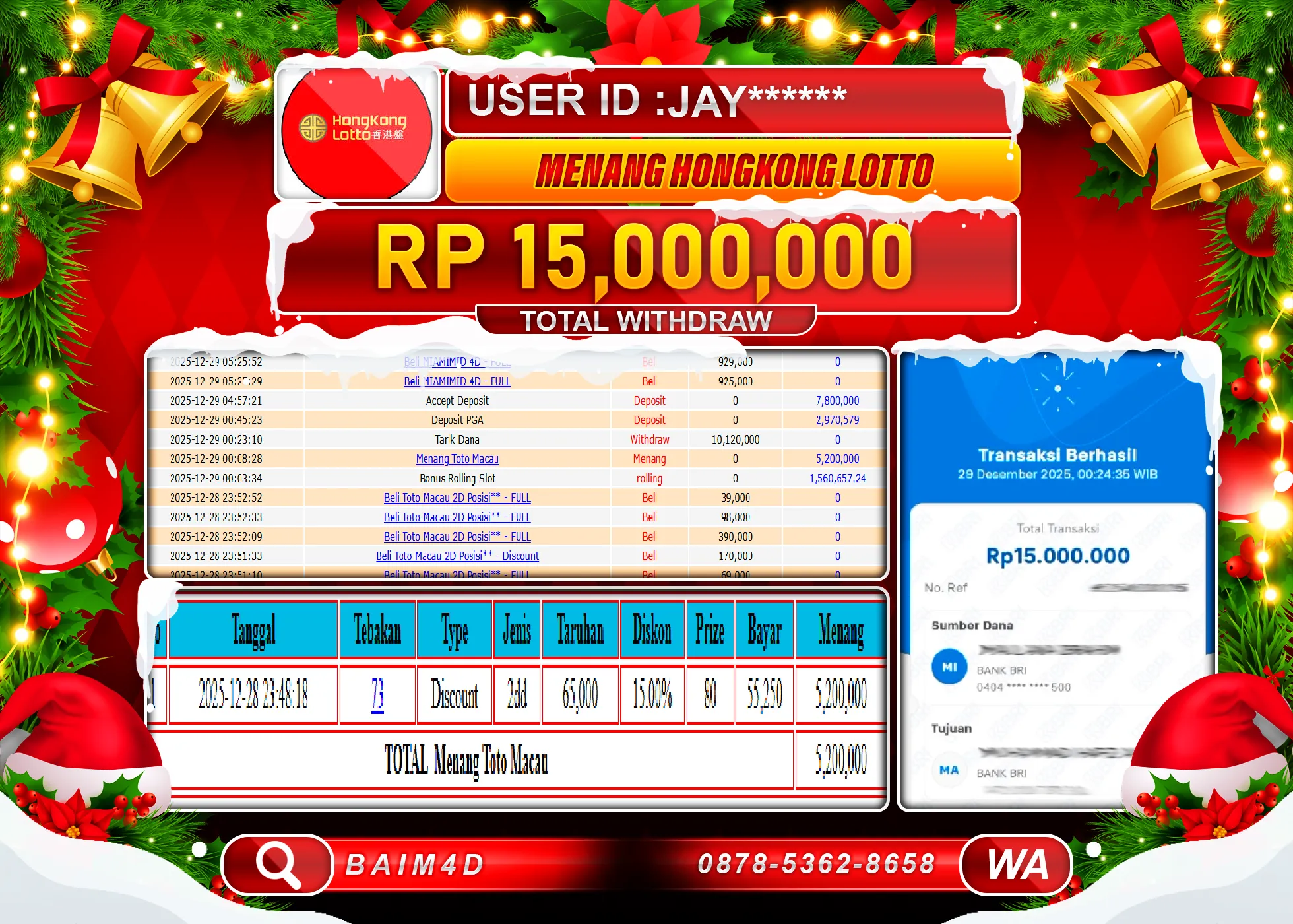 BAIM4D JACKPOT TOGEL HONGKONG LOTTO Rp.15,000,000 - LUNAS