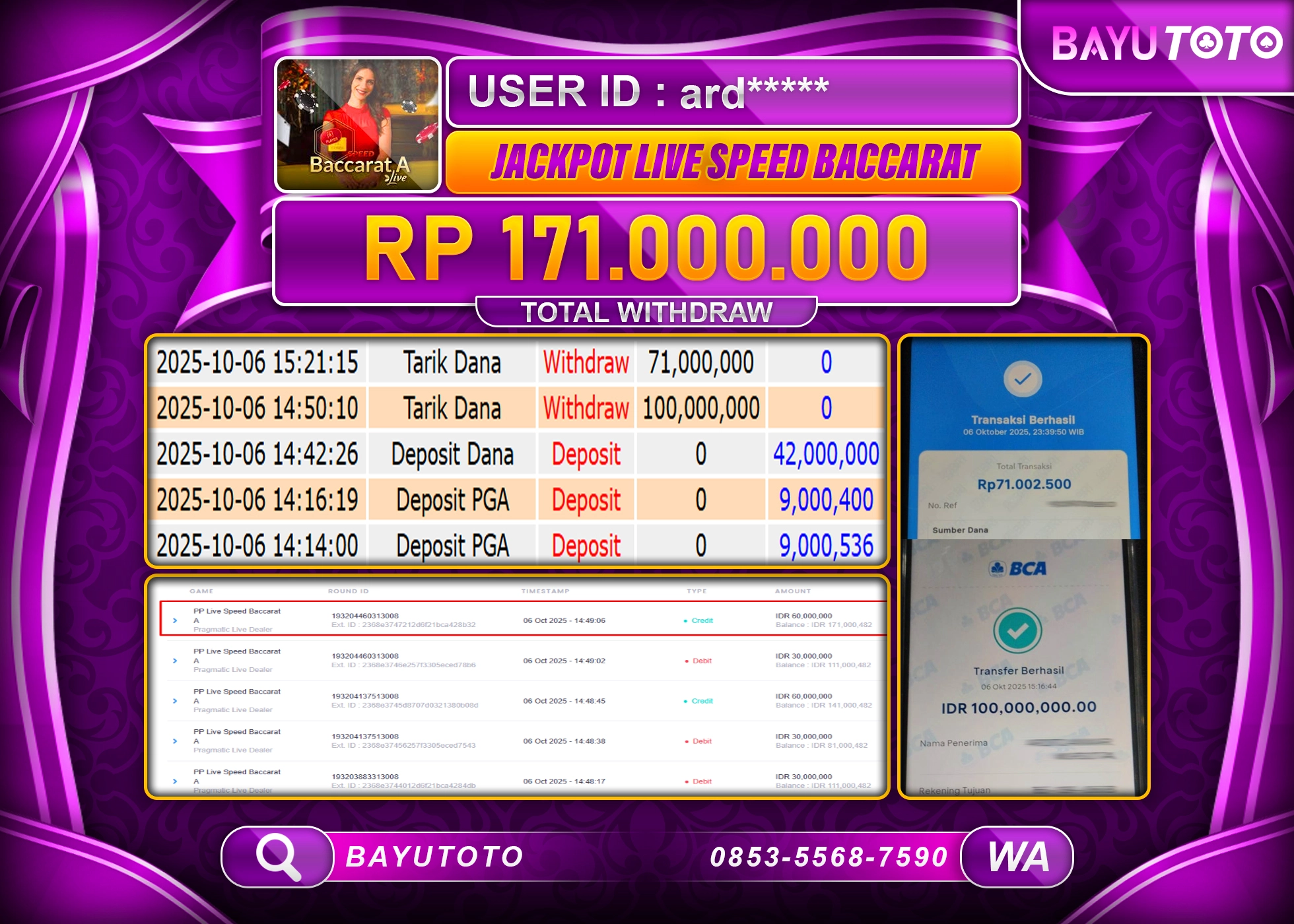 BAYUTOTO JACKPOT DI GAME  LIVEGAMES PP LIVE SPEED BACCARAT  Rp.171,000,000 LUNAS