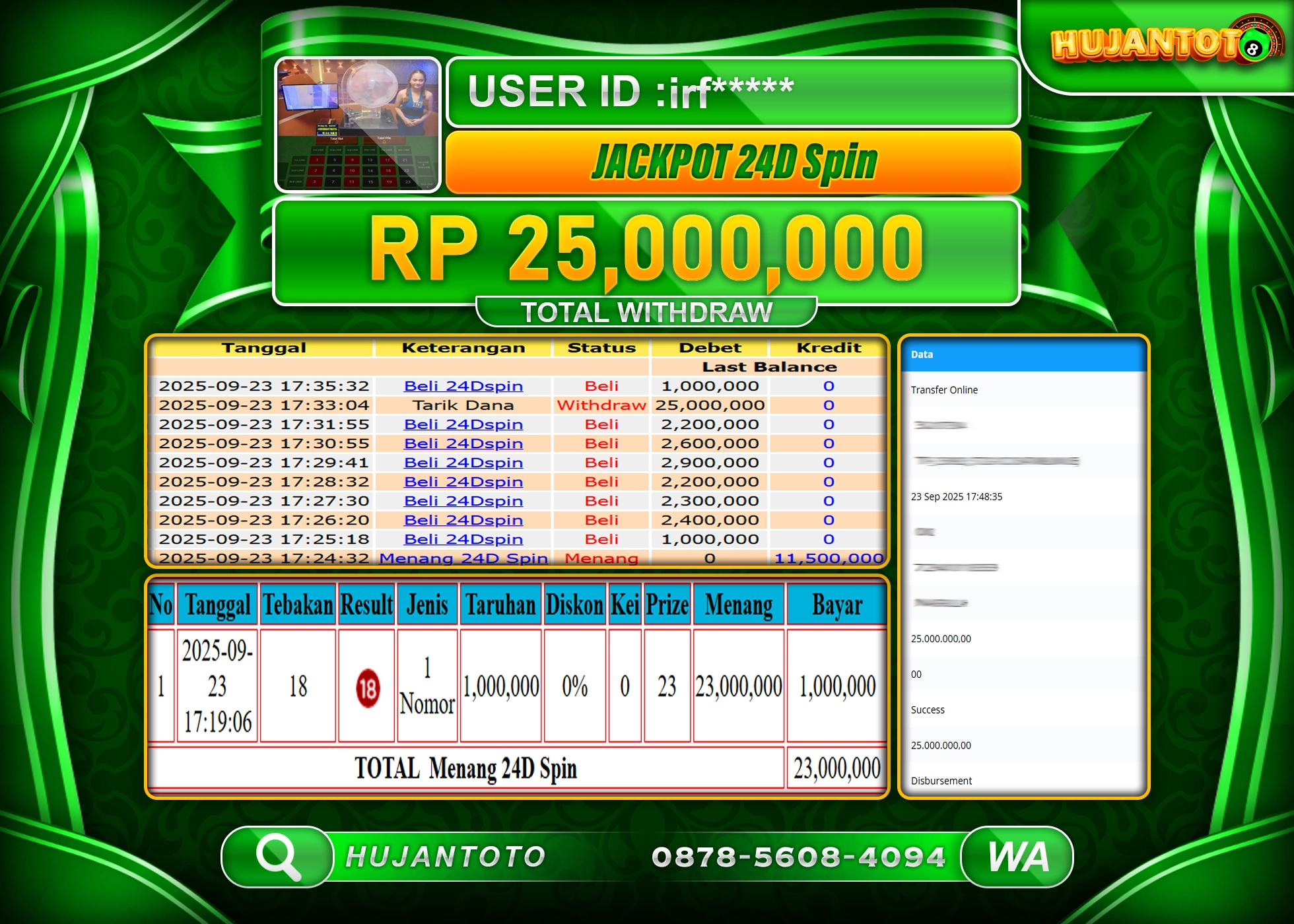 HUJANTOTO - BUKTI JACKPOT MENANG LIVEGAMES 24D SPIN Rp.25,000,000 - TERBAYAR LUNAS