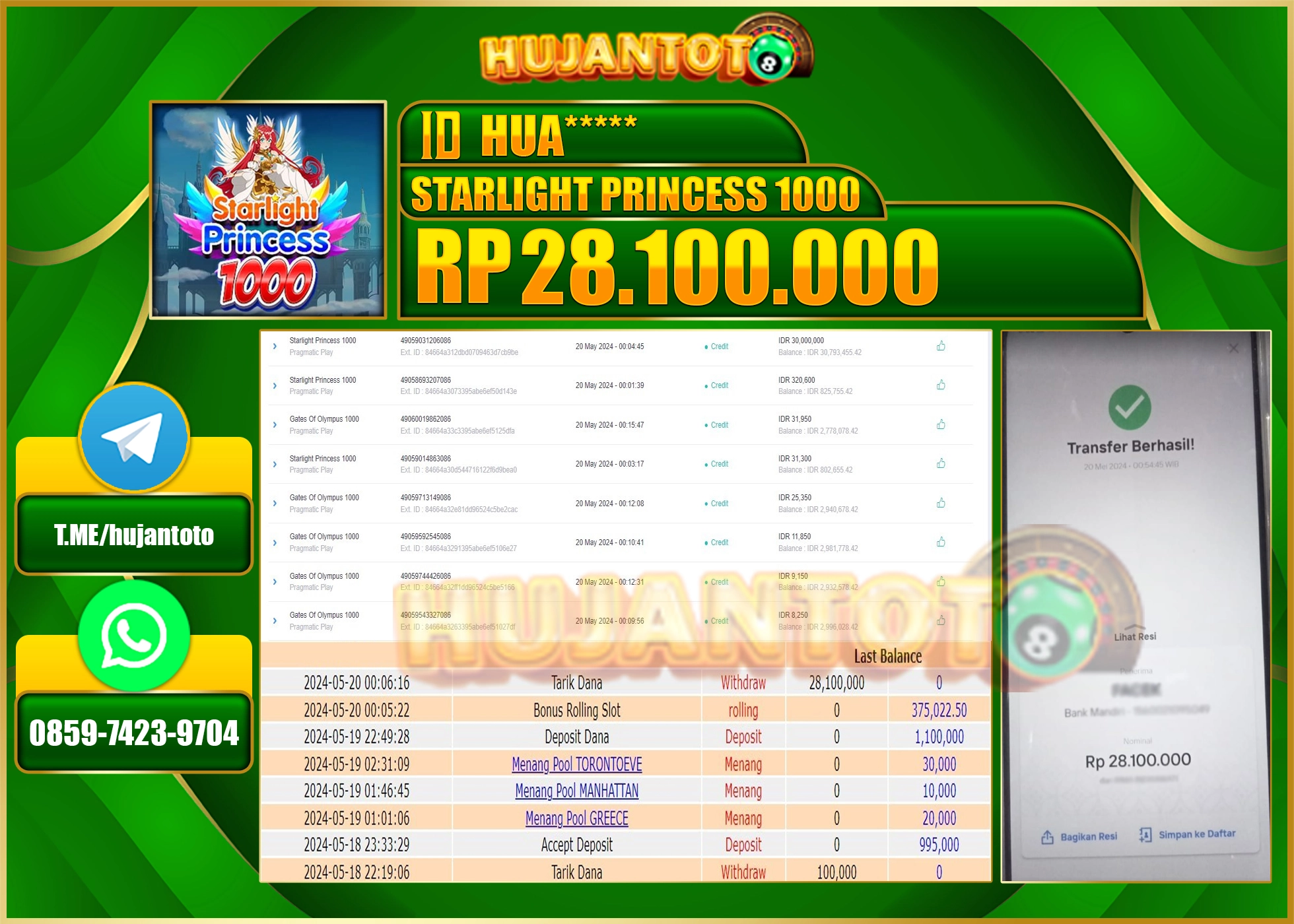 HUJANTOTO MENANG STARLIGHT PRINCESS 1000 Rp28,100,000 - LUNAS