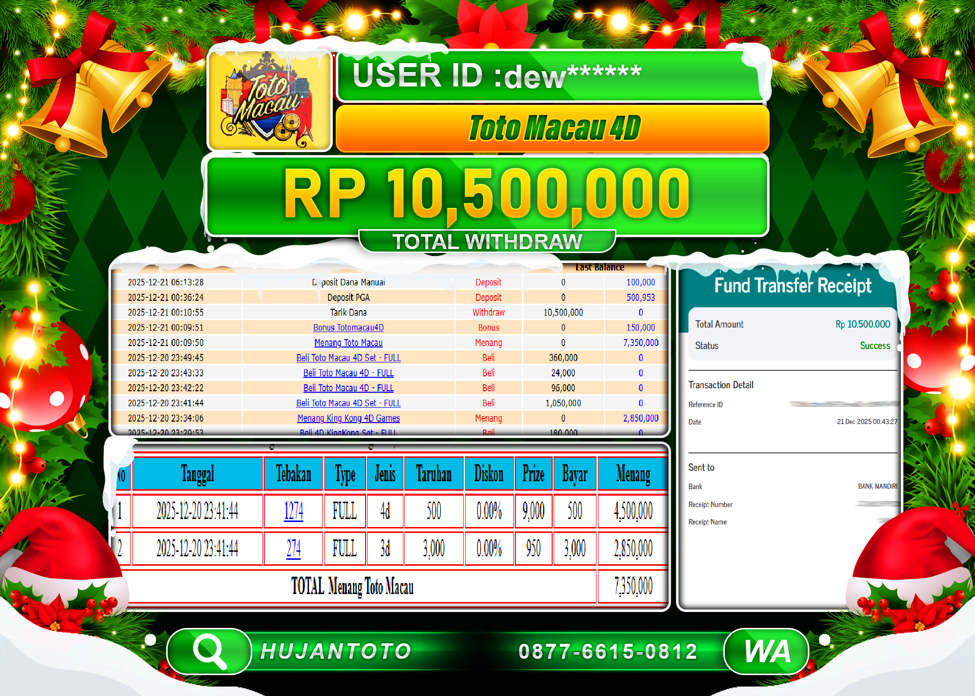 HUJANTOTO - BUKTI JACKPOT MENANG TOGEL PASARAN TOTO MACAU 4D Rp.10,500,000 - TERBAYAR LUNAS