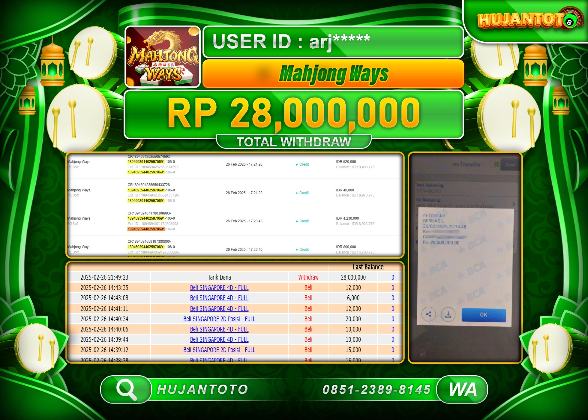 HUJANTOTO - BUKTI JACKPOT MENANG SLOT MAHJONG WAYS Rp,28,000,000 - TERBAYAR LUNAS