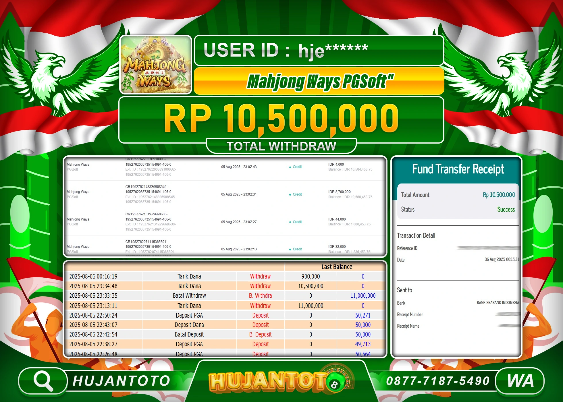 HUJANTOTO - BUKTI JACKPOT MENANG SLOT MAHJONG WAYS Rp.10,500,000 - TERBAYAR LUNAS