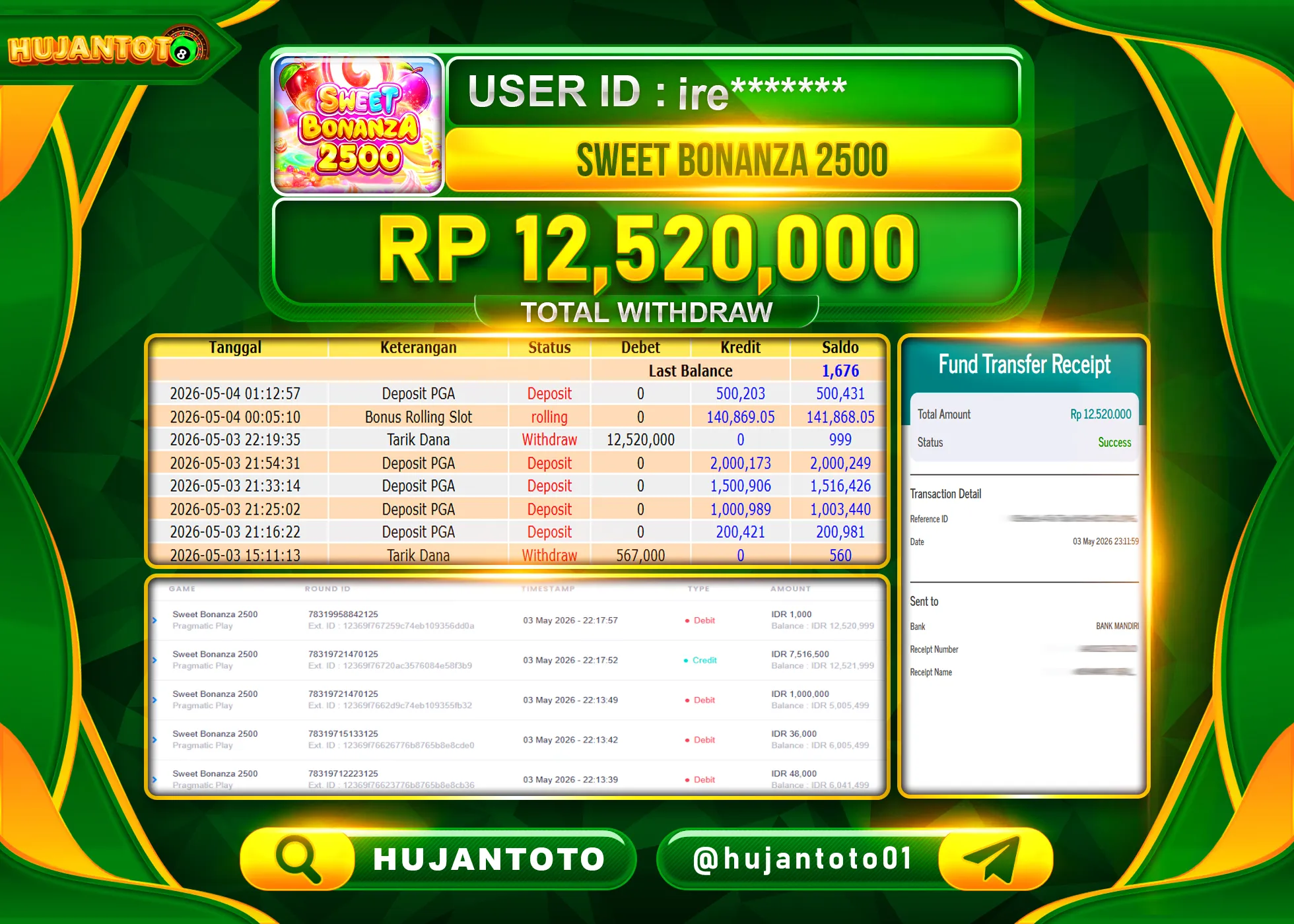 HUJANTOTO - BUKTI JACKPOT MENANG SLOT SWEET BONANZA 2500 Rp.12,520,000 - TERBAYAR LUNAS
