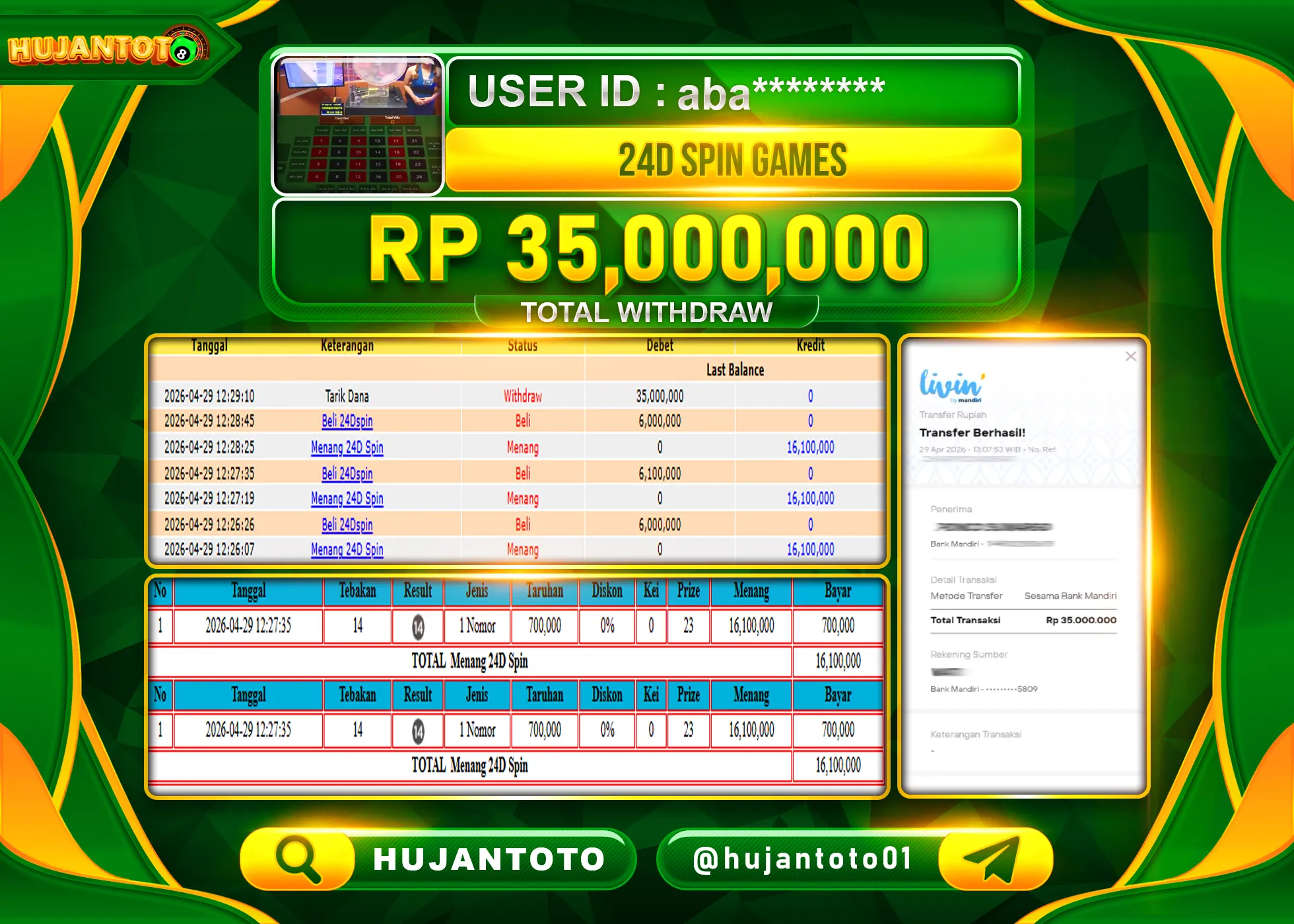 HUJANTOTO - BUKTI JACKPOT MENANG LIVE GAMES 24D SPIN Rp.35,000,000 - TERBAYAR LUNAS
