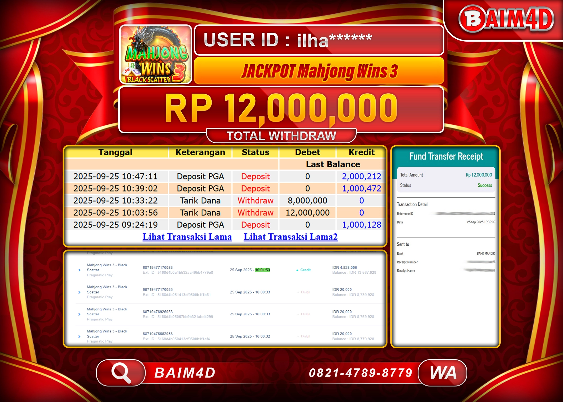 BAIM4D JACKPOT MAHJONG WINS 3 BLACK SCATTER Rp.12,000,000.- LUNAS