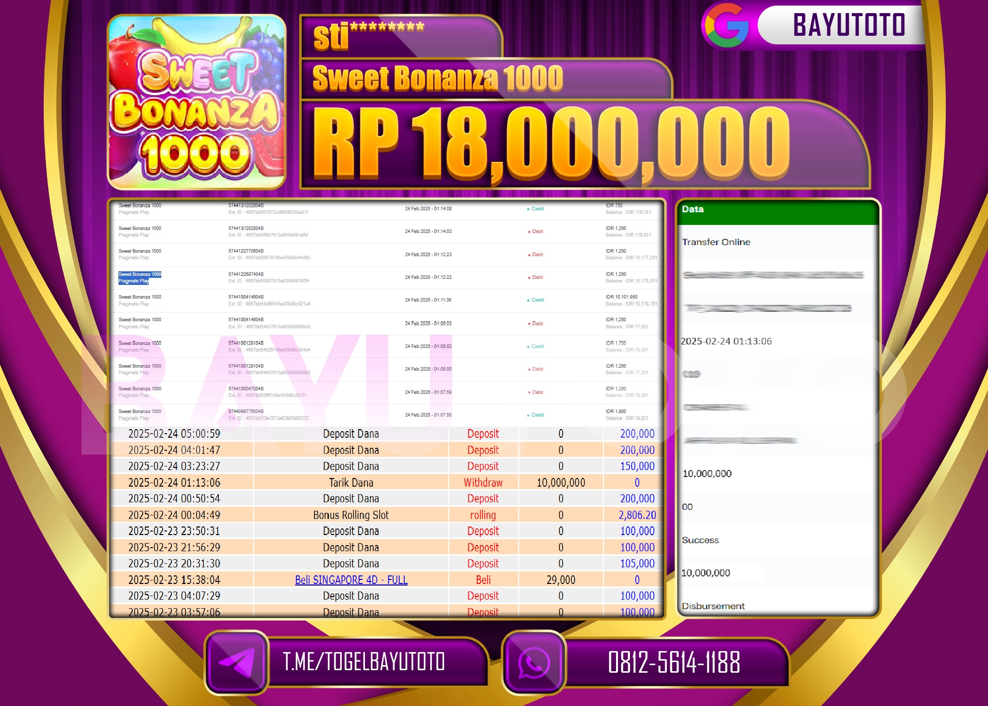 BAYUTOTO MENANG SLOT SWEET BONANZA1000 RP. 18,000,000 LUNAS