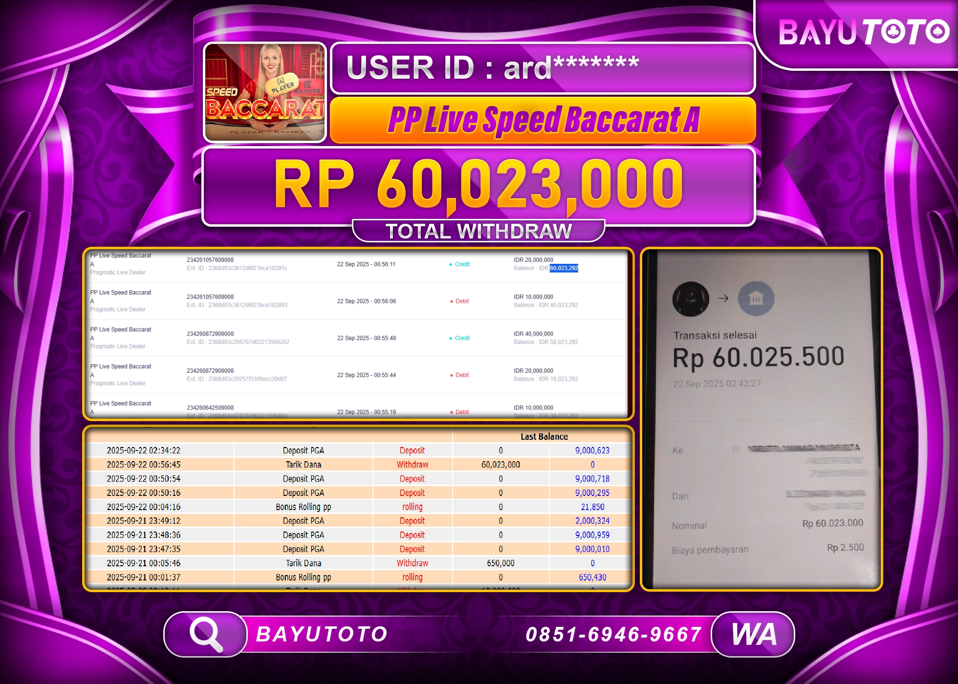 BAYUTOTO JACKPOT DI GAME  LIVEGAMES PP LIVE SPEED BACCARAT A Rp.60,023,000 LUNAS