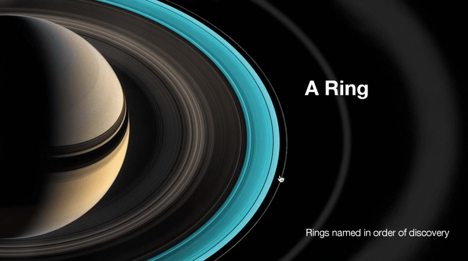 Saturn’s rings were named alphabetically in the order they were discovered. The narrow F ring marks the outer boundary of the main ring system. Image: NASA/JPL-Caltech/Space Science Institute