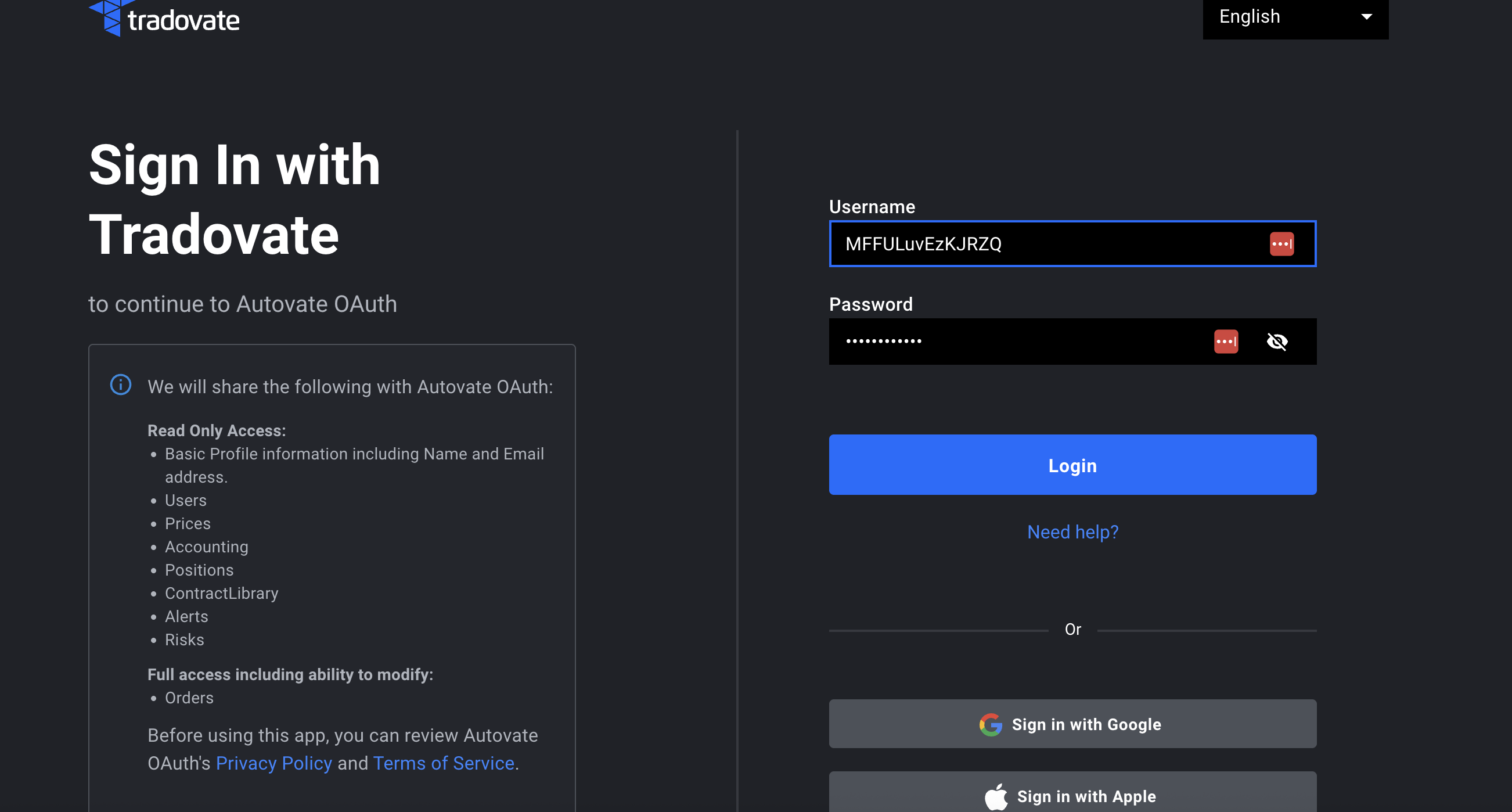 Tradovate authentication screen