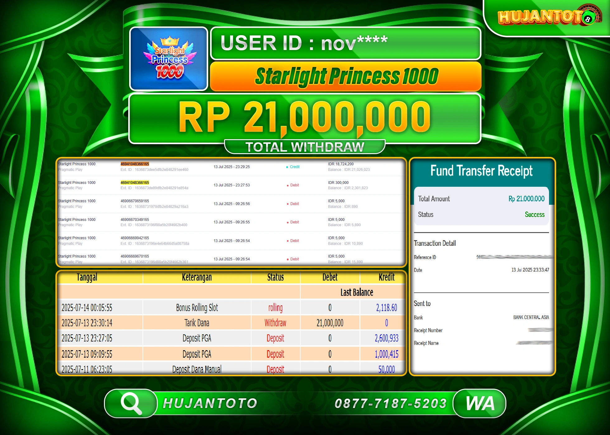 HUJANTOTO - BUKTI JACKPOT MENANG SLOT STARLIGHT PRINCESS 1000 Rp.21,000,000 - TERBAYAR LUNAS