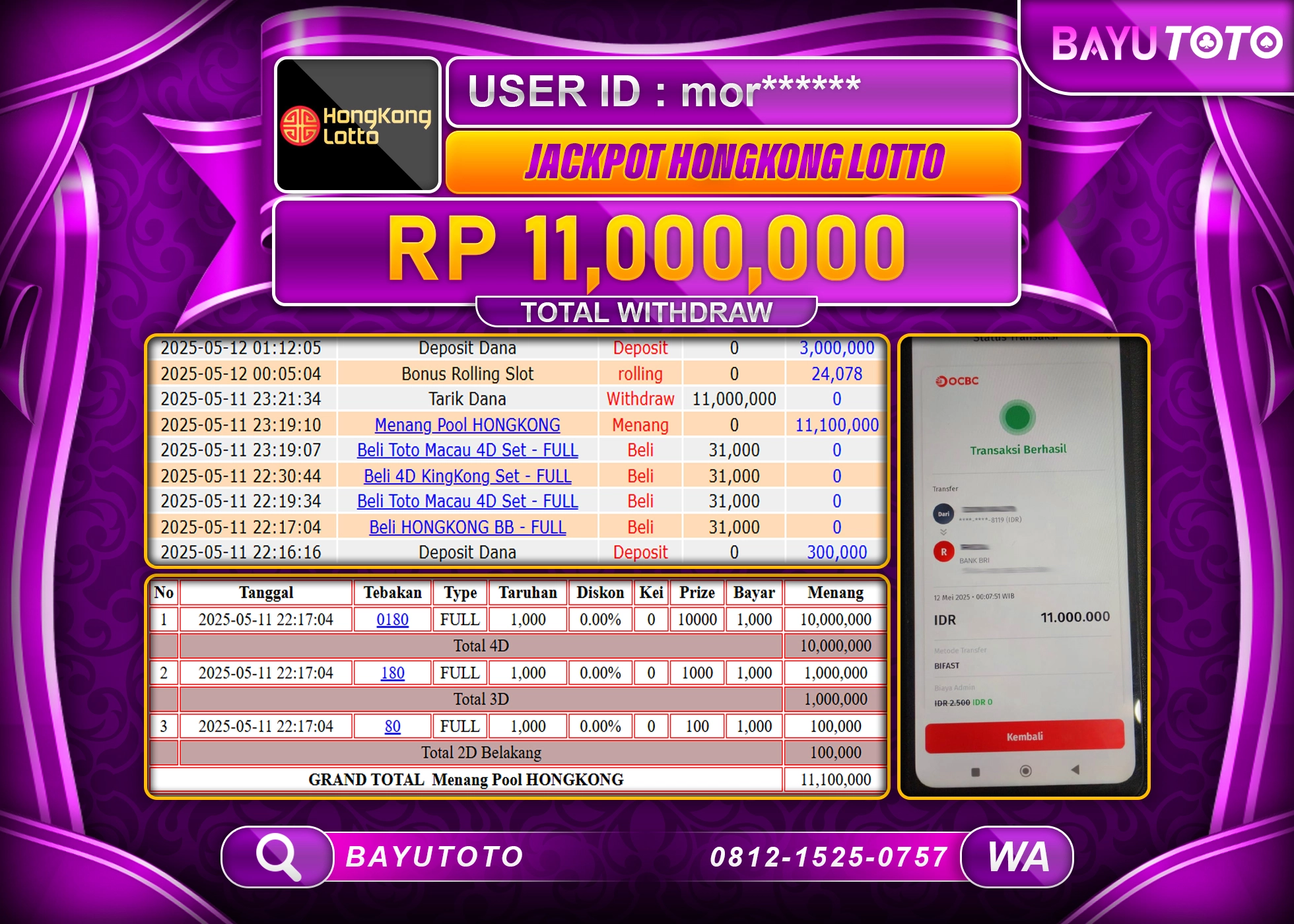BAYUTOTO JACKPOTTOGEL PASARAN HONGKONG LOTTO  Rp.11,000,000 LUNAS