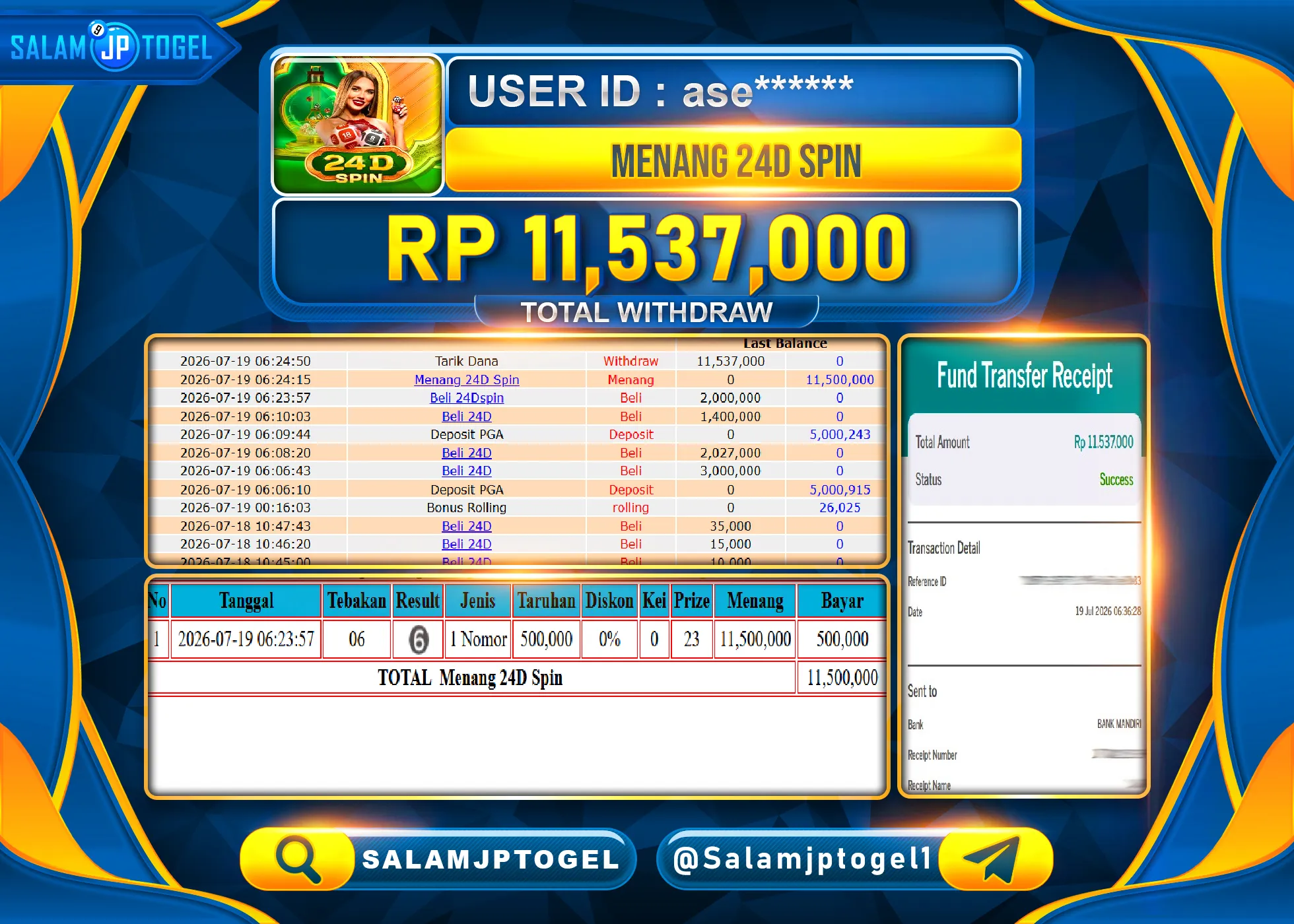 SALAMJPTOGEL JACKPOT MENANG LIVEGAMES 24D SPIN GAMES Rp.11,537,000 - LUNAS