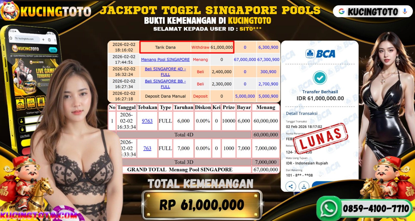 KUCINGTOTO JACKPOT TOGEL SINGAPORE POOLS RP.61.000.000.,- LUNAS