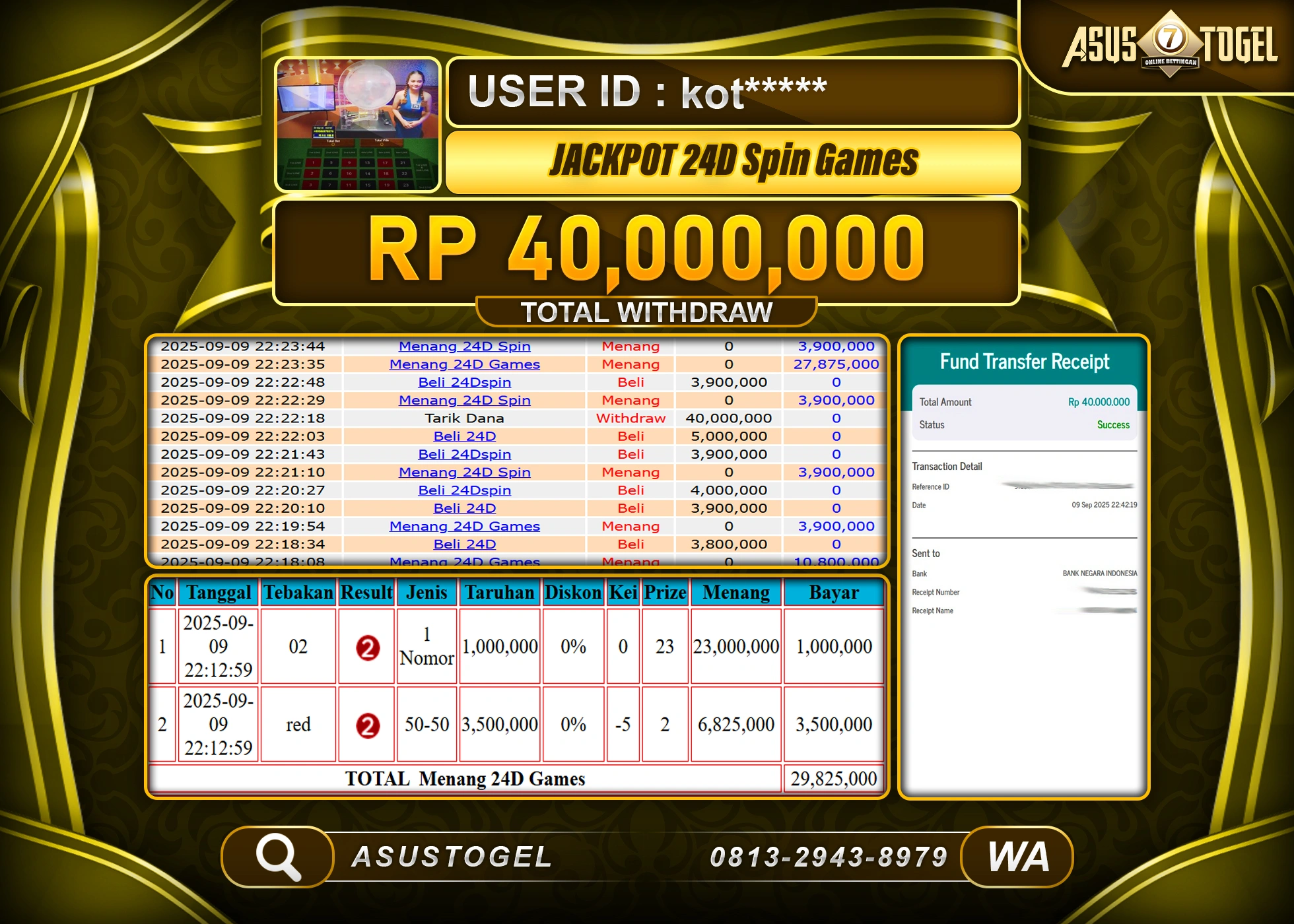 ASUSTOGEL KEMENANGAN DI LIVE GAMES 24D SPIN SEBESAR 40,000,000- RUPIAH LUNAS