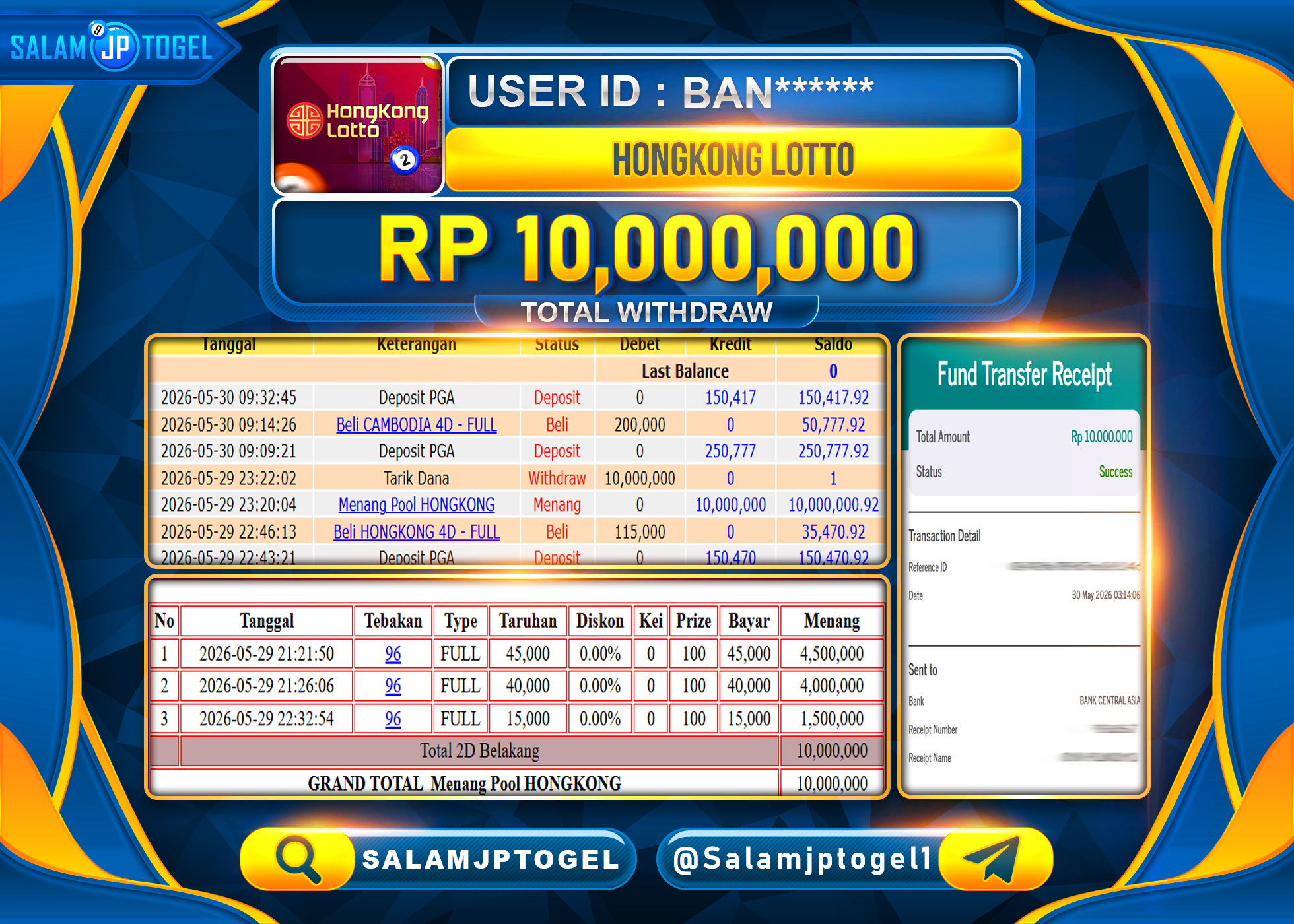 SALAMJPTOGEL JACKPOT Menang HONGKONG LOTTO (RESULTtogel) Rp.10,000,000 - LUNAS