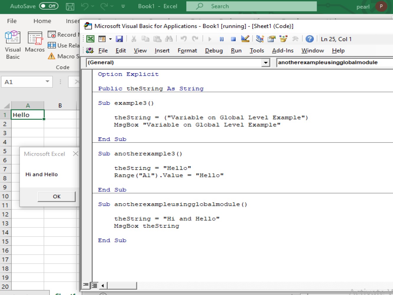 Screenshot of the third sample code and the result for global level variable