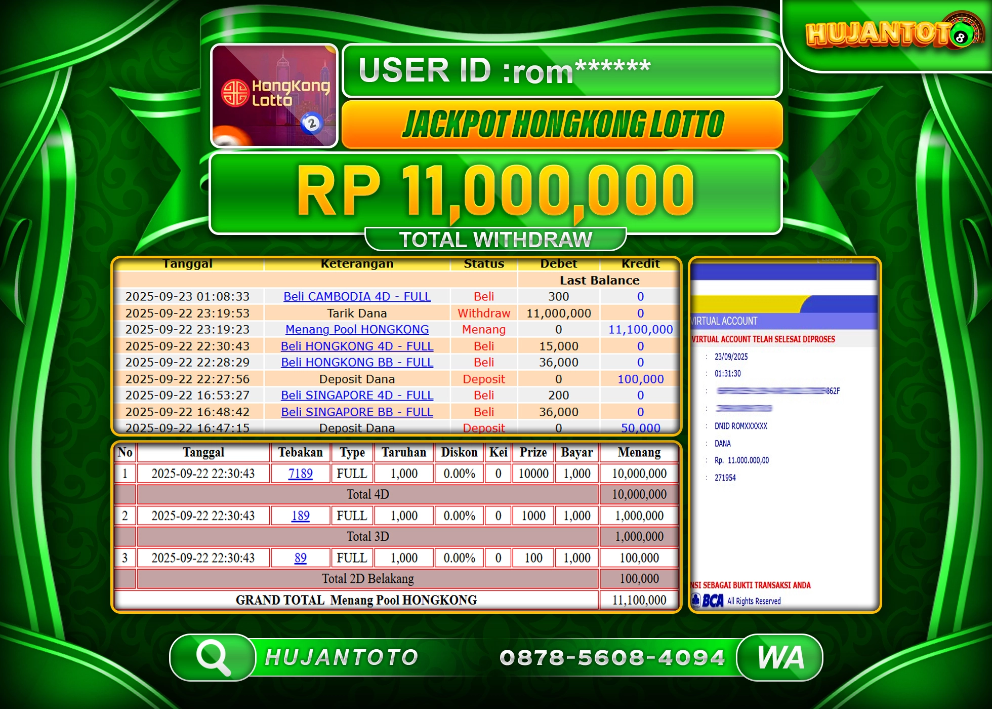 HUJANTOTO - BUKTI JACKPOT MENANG TOGEL HONGKONG LOTTO Rp.11,000,000 - TERBAYAR LUNAS