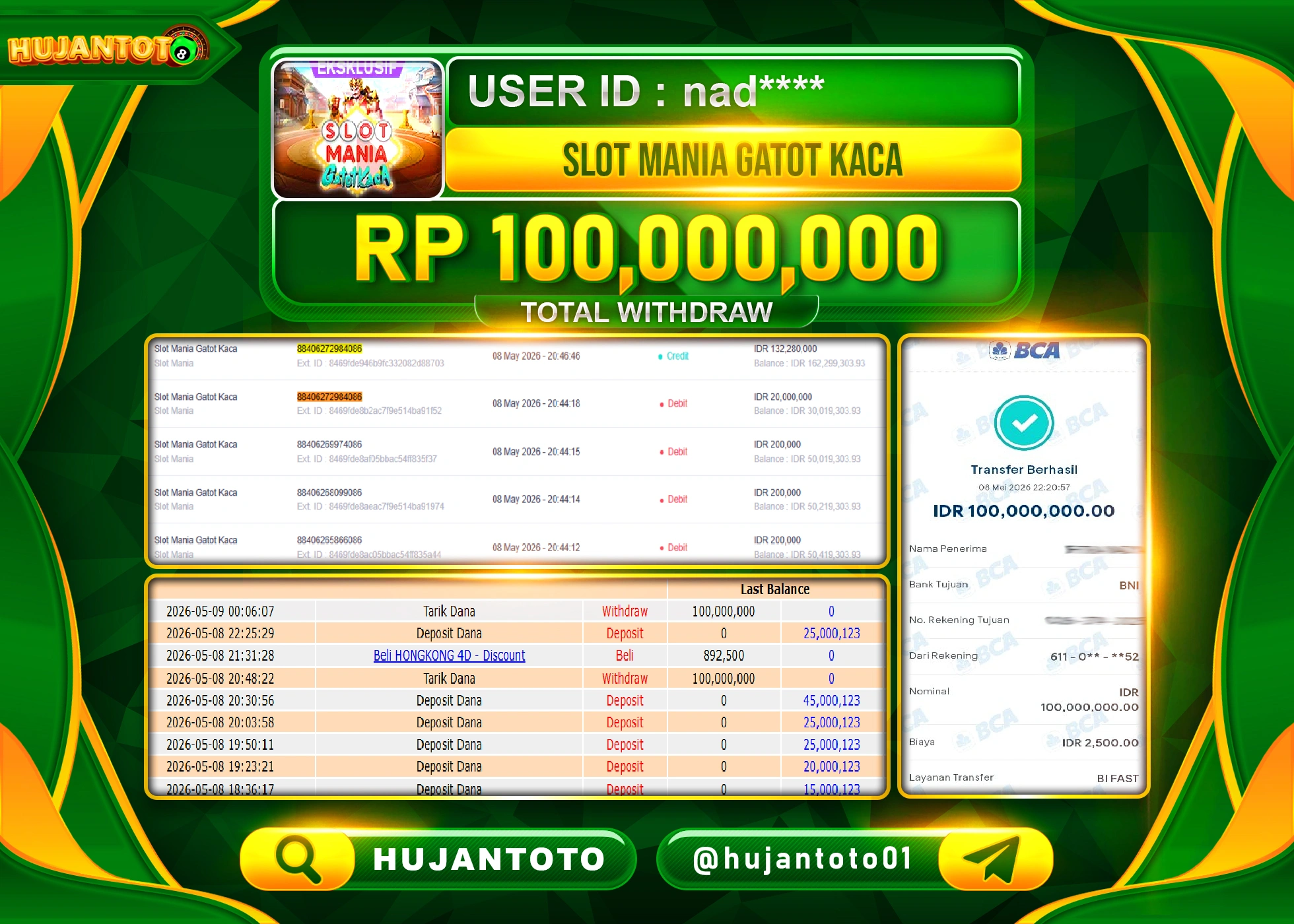 HUJANTOTO - BUKTI JACKPOT MENANG SLOT MANIA  GATOT KACA  Rp.100,000,000 - TERBAYAR LUNAS