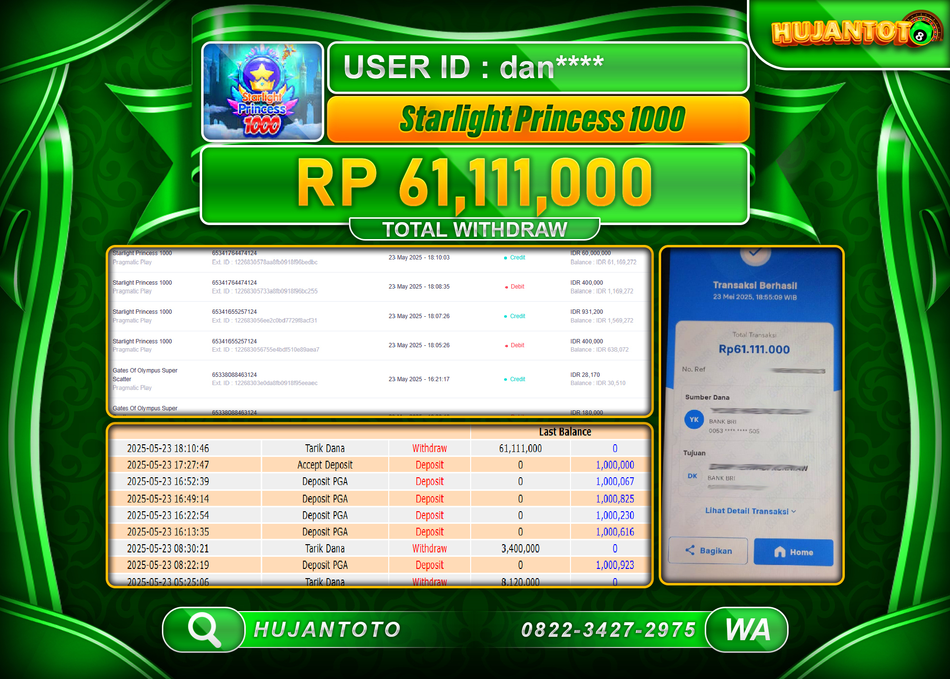HUJANTOTO - BUKTI JACKPOT MENANG SLOT STARLIGHT PRINCESS 1000 - Rp,61,111,000 - TERBAYAR LUNAS