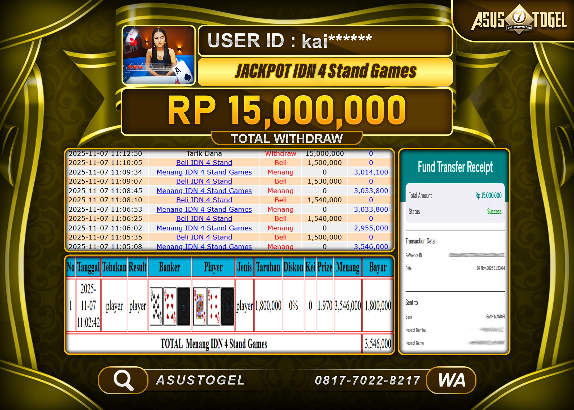 ASUSTOGEL KEMENANGAN DI LIVE GAMES IDN 4 STAND SEBESAR 15,000,000 - RUPIAH LUNAS