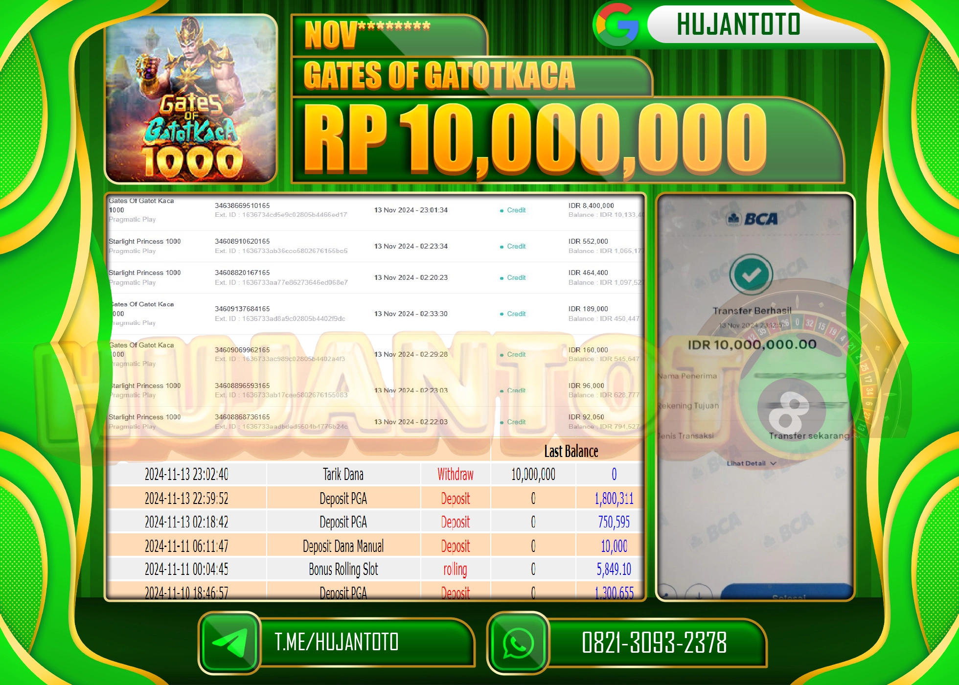 HUJANTOTO MENANG DI RAIH DI PERMAINAN  SLOT GATES OF GATOTKACA - 10,000,000  - LUNAS