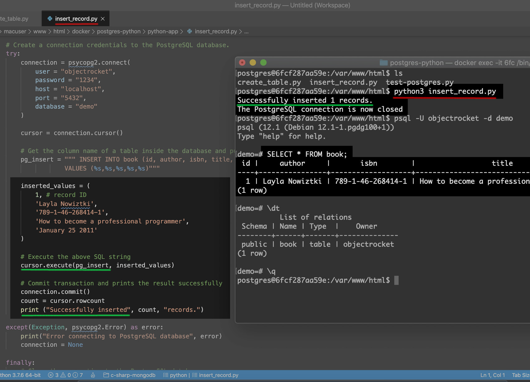 Screenshot of PostgreSQL CRUD example in Python for INSERT INTO using Psycopg2 adapter