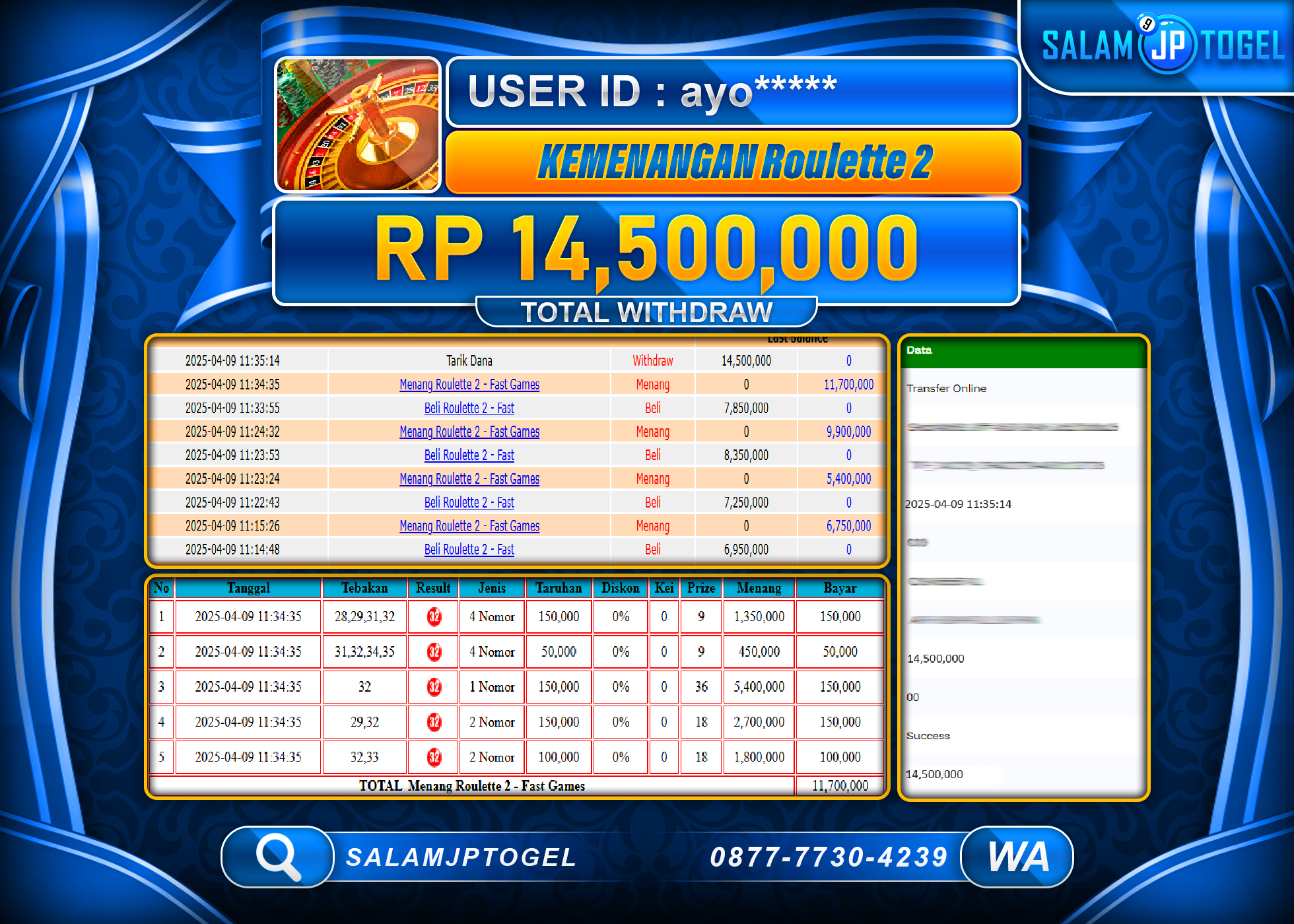SALAMJPTOGEL MENANG ROULETTE 2 Rp. 14,500,000 LUNAS