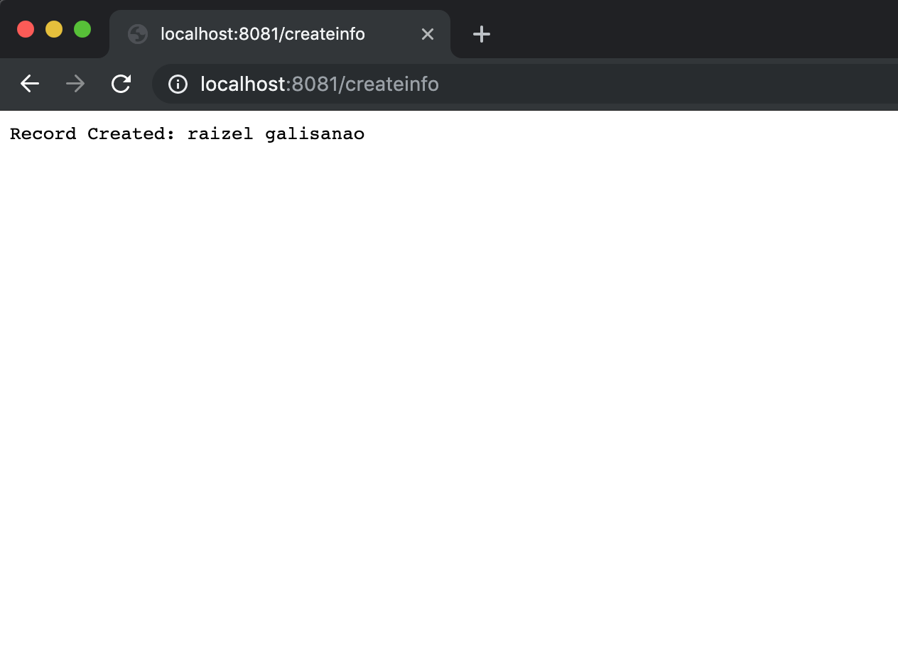 The image shows the browser displaying the newly inserted record in PostgreSQL using GoLang