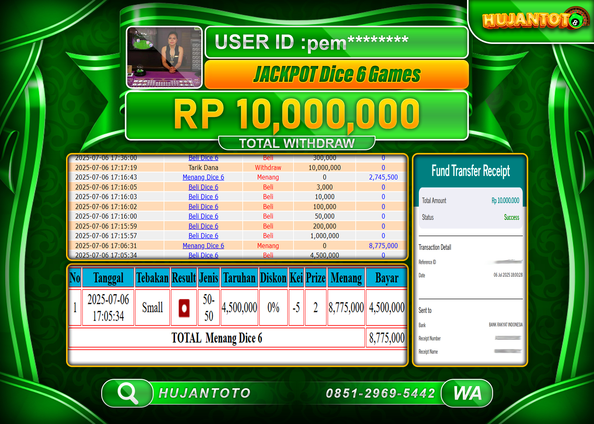 HUJANTOTO - BUKTI JACKPOT MENANG LIVEGAMES DICE 6 GAMES Rp.10,000,000 - TERBAYAR LUNAS