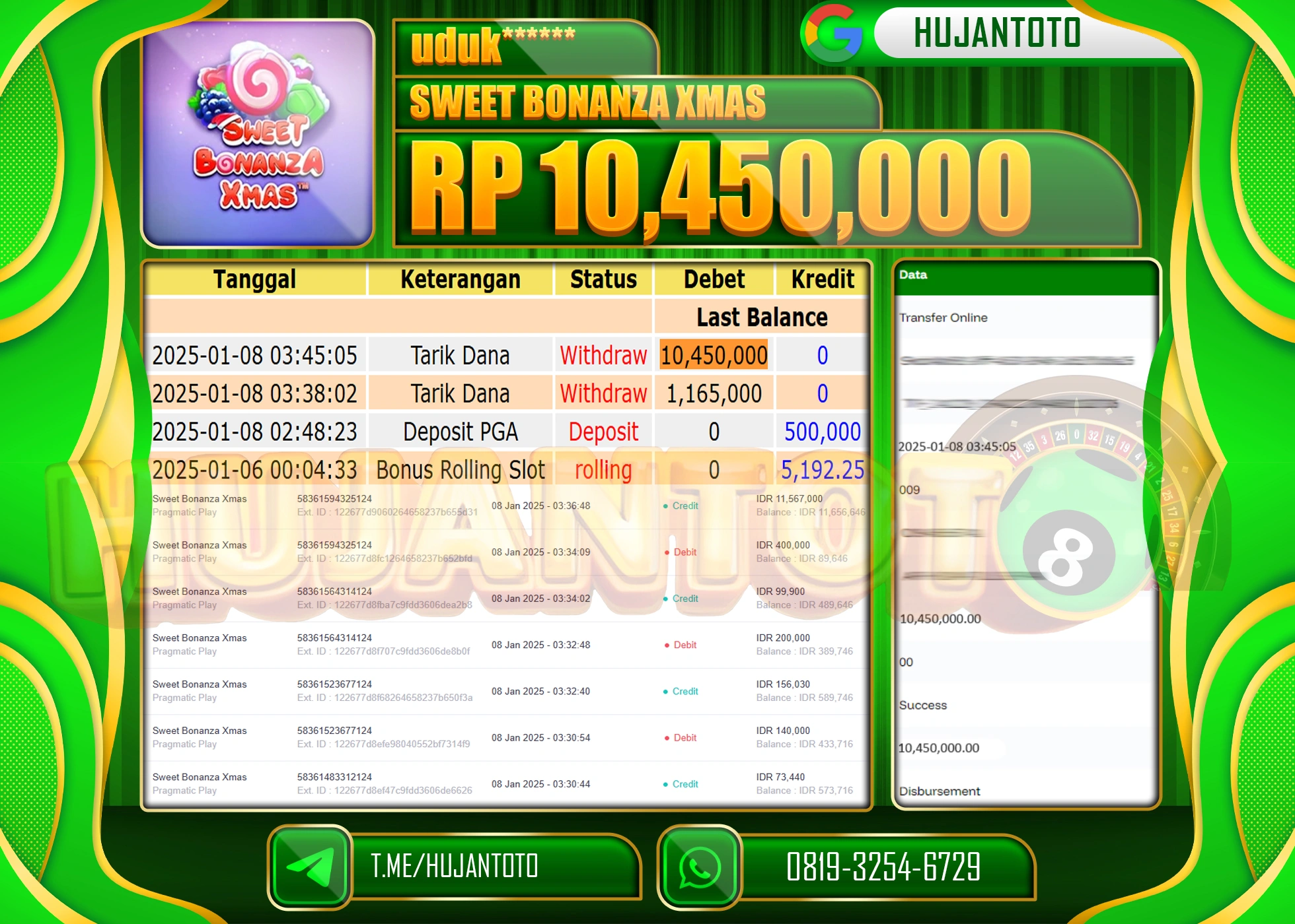 HUJANTOTO - BUKTI JACKPOT DI PERMAINAN SWEET BONANZA XMAS  Rp,10,450,000  ,- TERBAYAR LUNAS