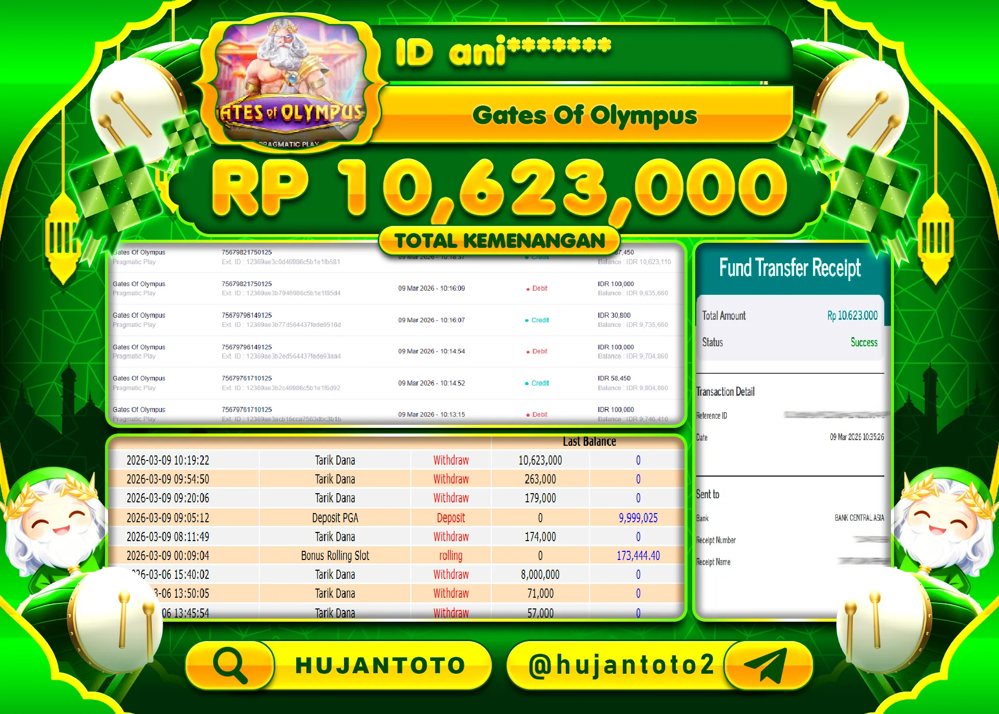 HUJANTOTO - BUKTI JACKPOT MENANG SLOT GATES OF OLYMPUS Rp.10,623,000 - TERBAYAR LUNAS