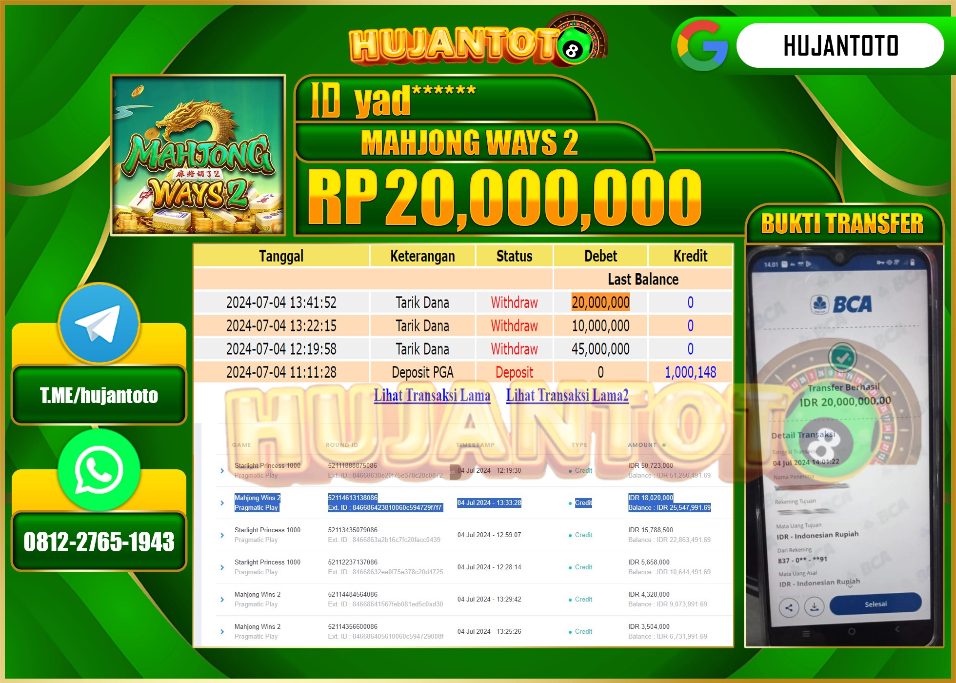HUJANTOTO MENANG SLOT MAHJONG WAYS 2 , 20.000.000 - LUNAS